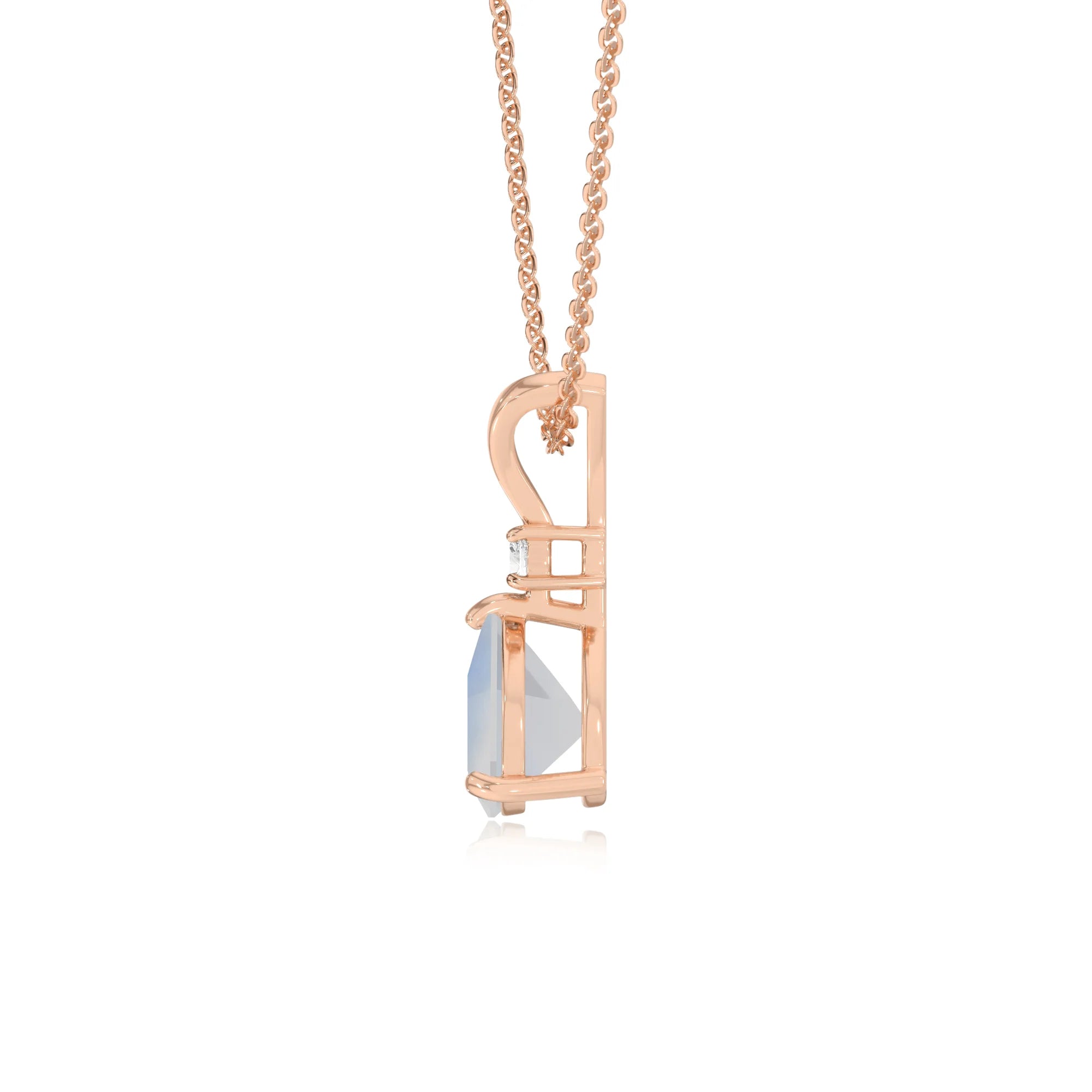 natural rainbow-moonstone trillion solitaire v-bale necklaces in rose gold 