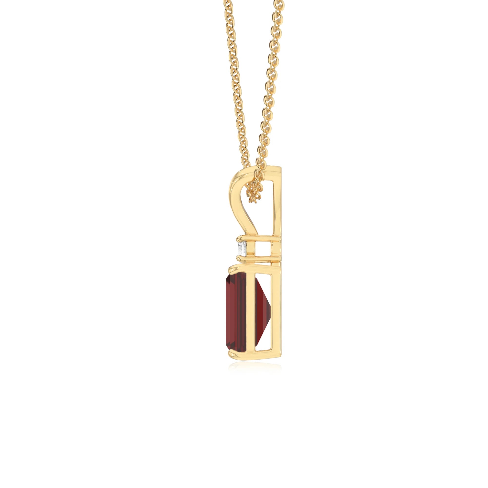 natural garnet emerald cut solitaire v-bale necklaces in yellow gold 