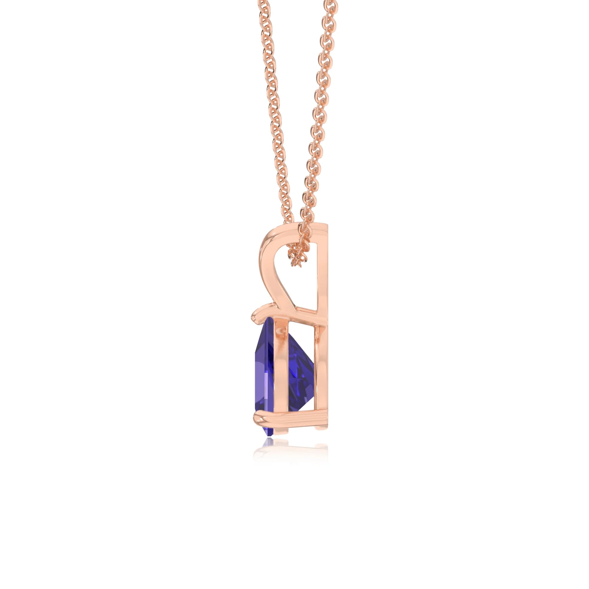 lab grown tanzanite trillion solitaire v-bale necklaces in rose gold 