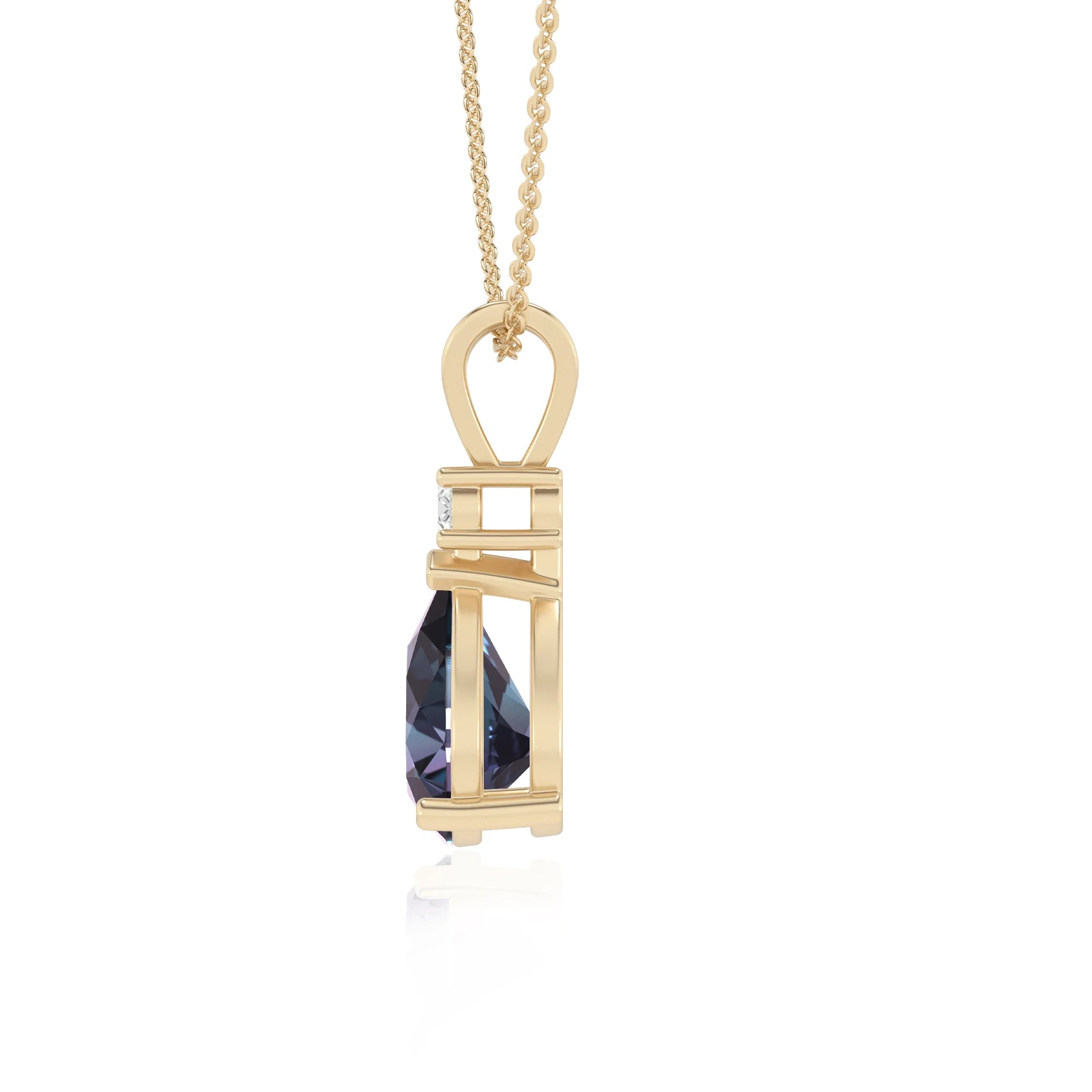 lab grown alexandrite pear solitaire v-bale necklaces in yellow gold 