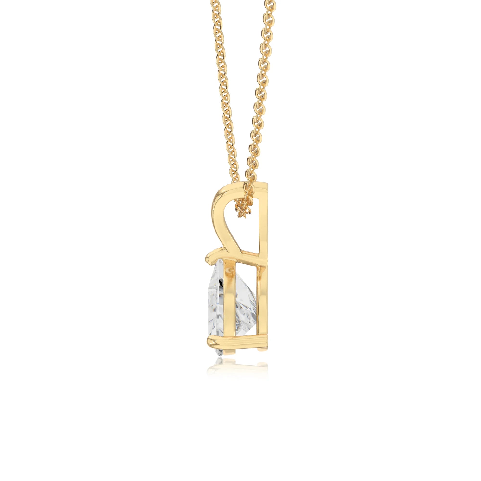 lab grown moissanite trillion solitaire v-bale necklaces in yellow gold 