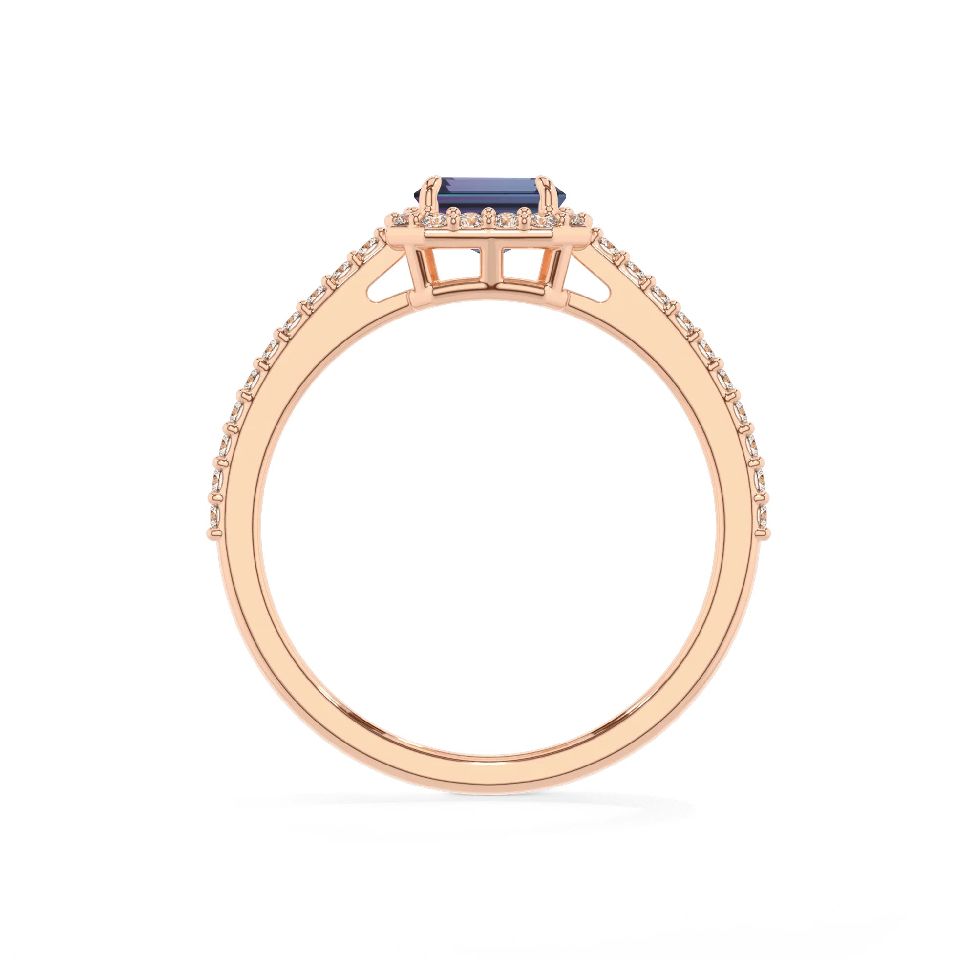 lab grown alexandrite emerald cut solitaire rings in rose gold 