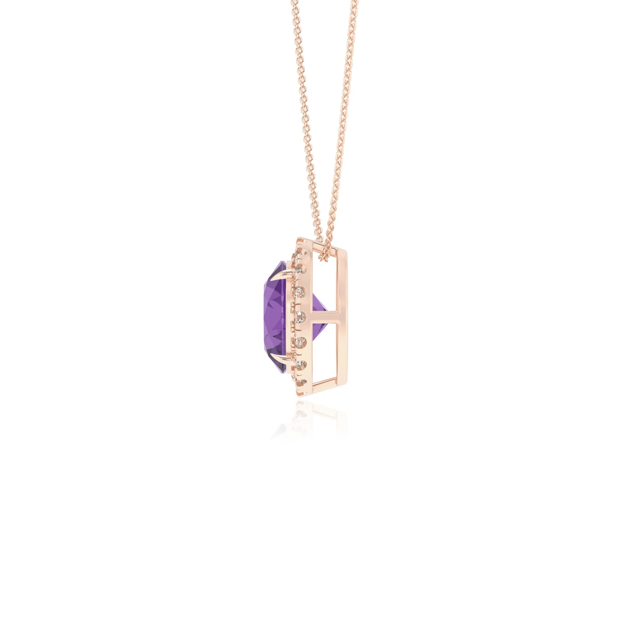 lab grown amethyst round solitaire necklaces in rose gold 