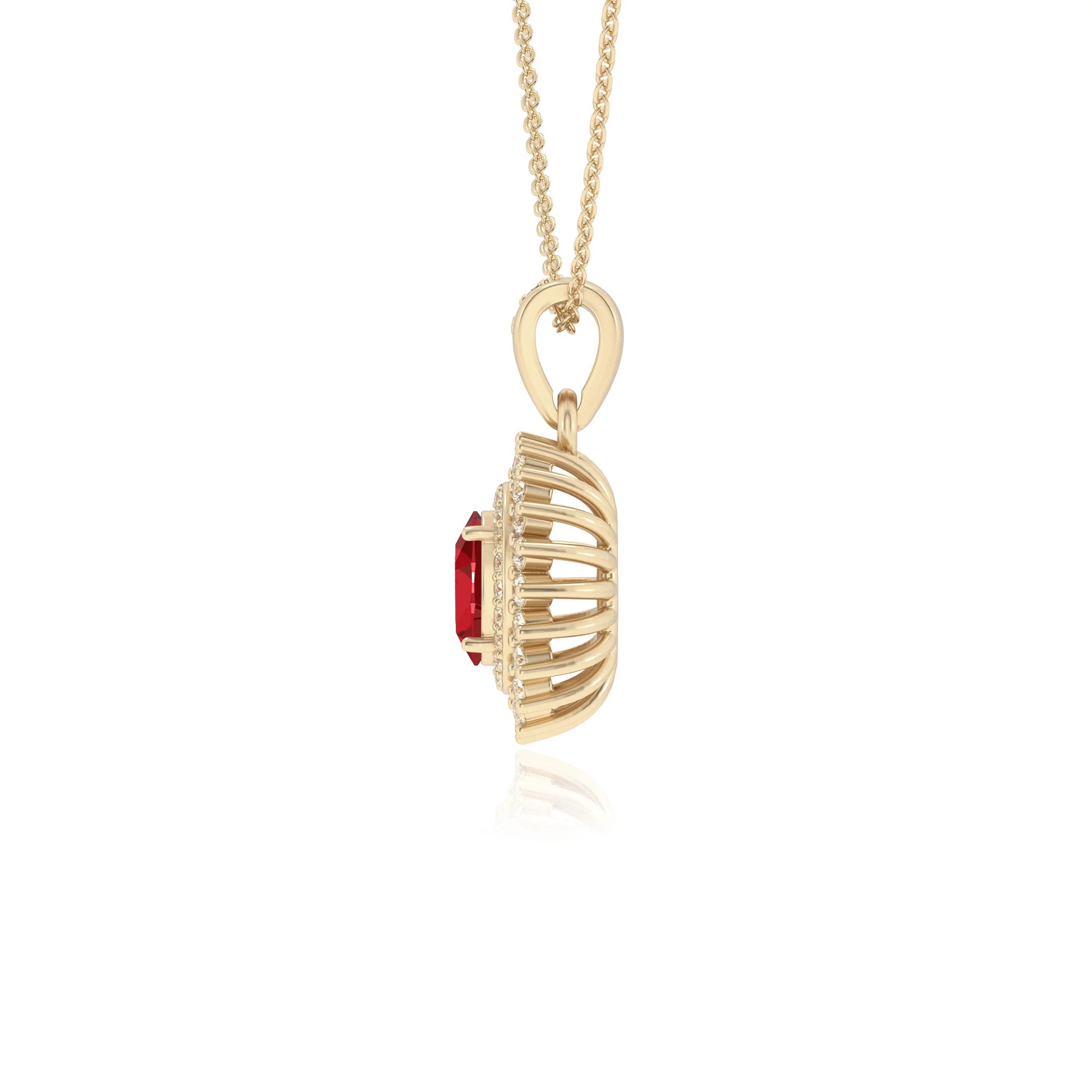 lab grown ruby oval halo necklaces in yellow gold 