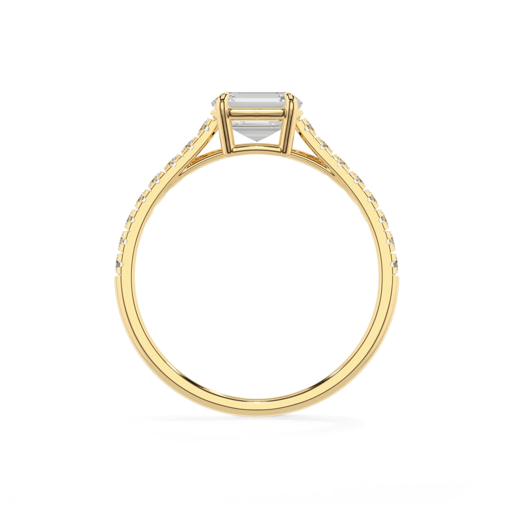 lab grown moissanite emerald cut half eternity solitaire engagement rings in yellow gold 