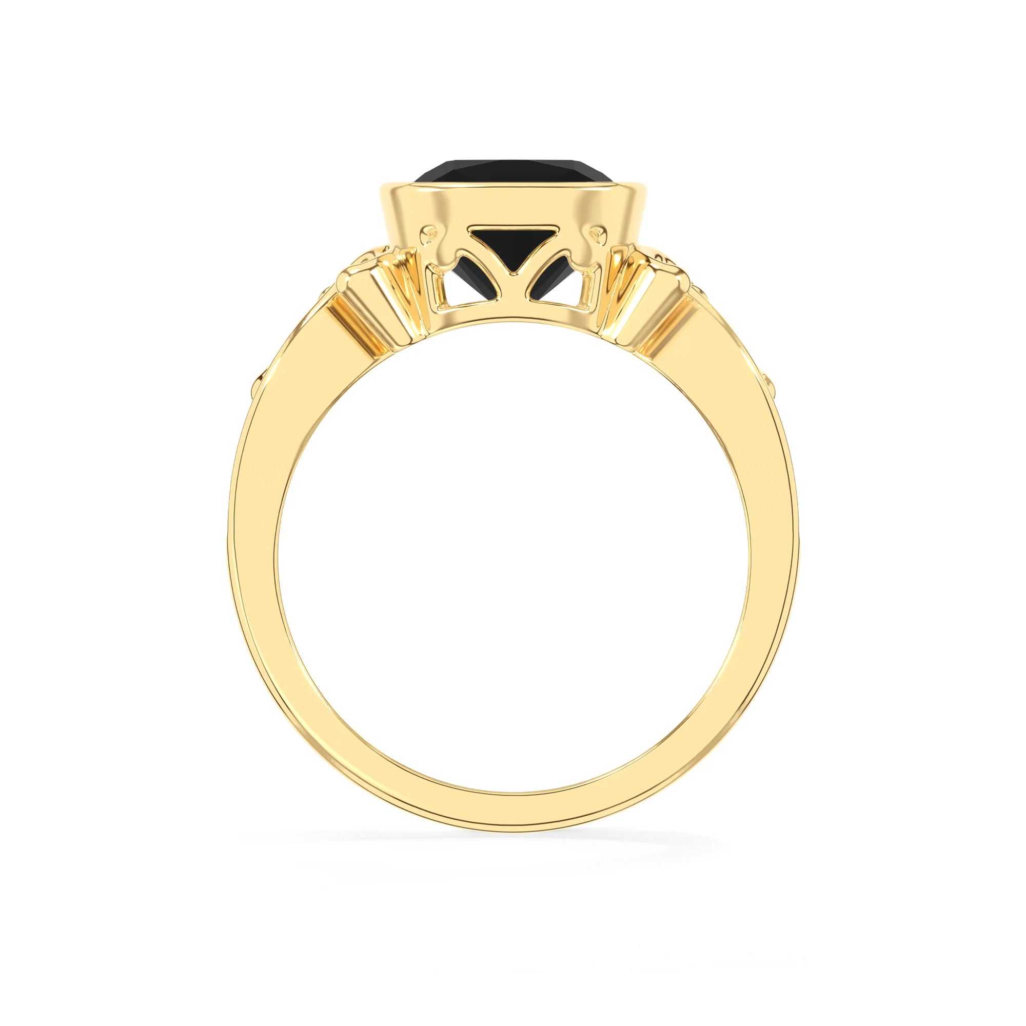 natural black-onyx cushion solitaire rings in yellow gold 