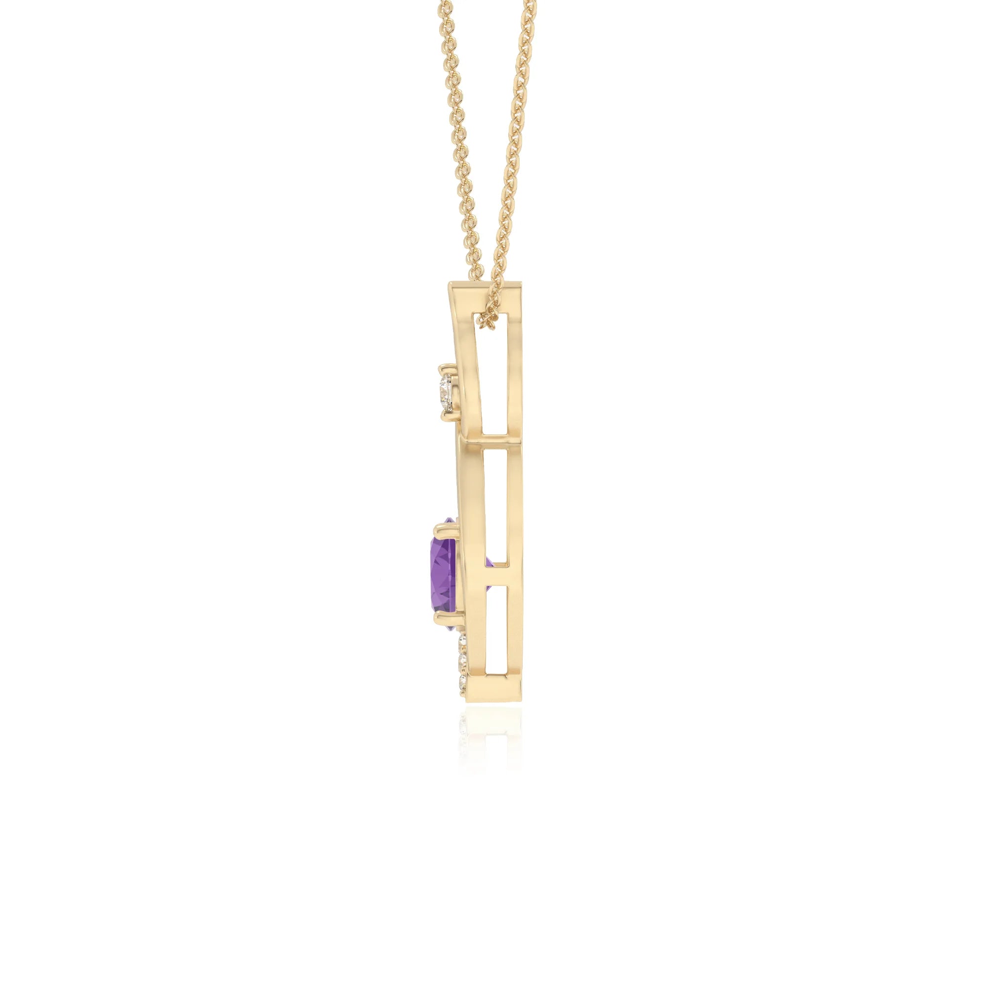 lab grown amethyst round solitaire necklaces in yellow gold 