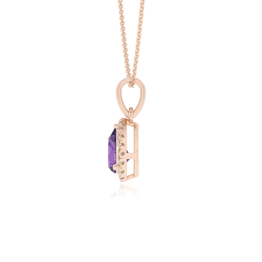 lab grown amethyst pear solitaire necklaces in rose gold 