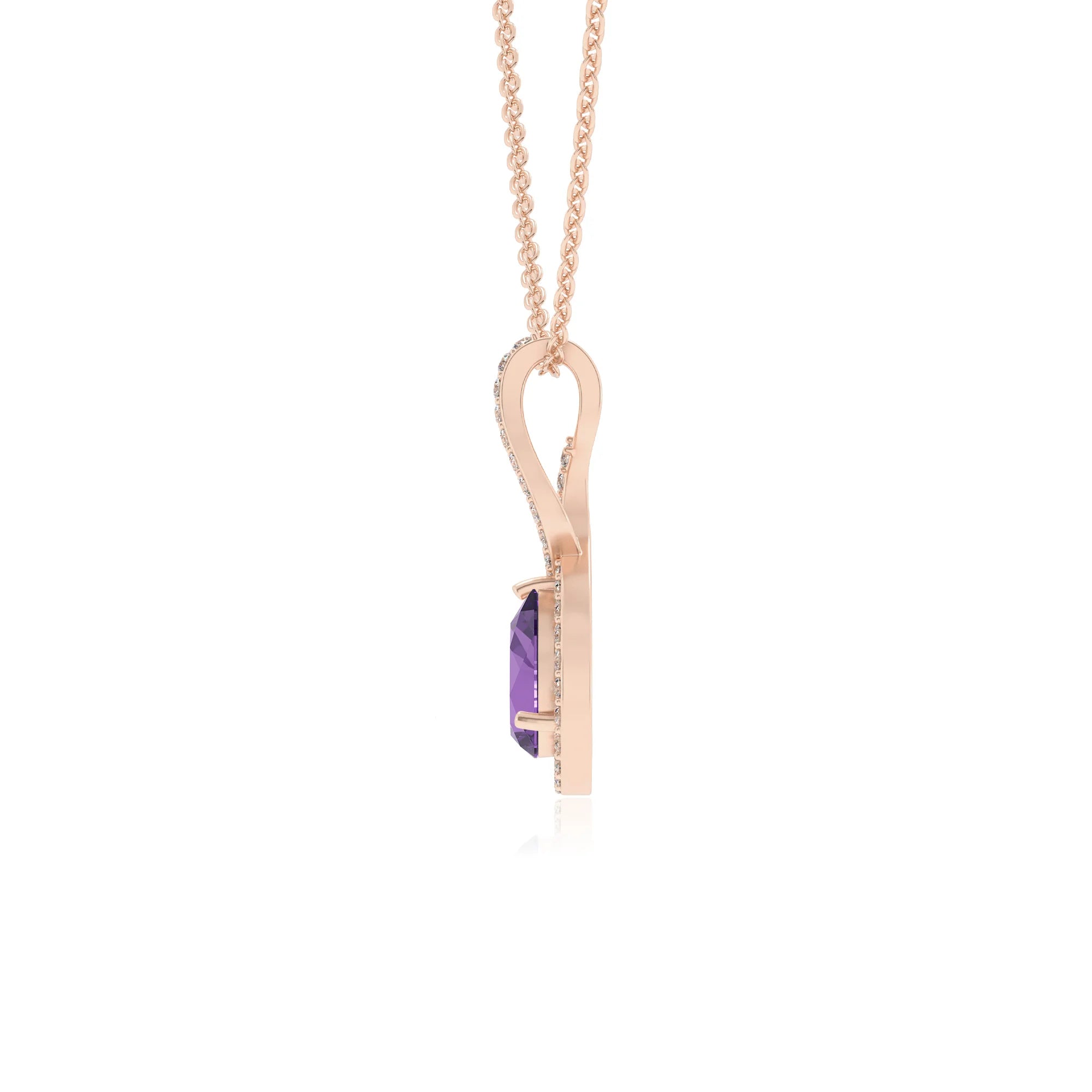 lab grown amethyst pear necklaces in rose gold 