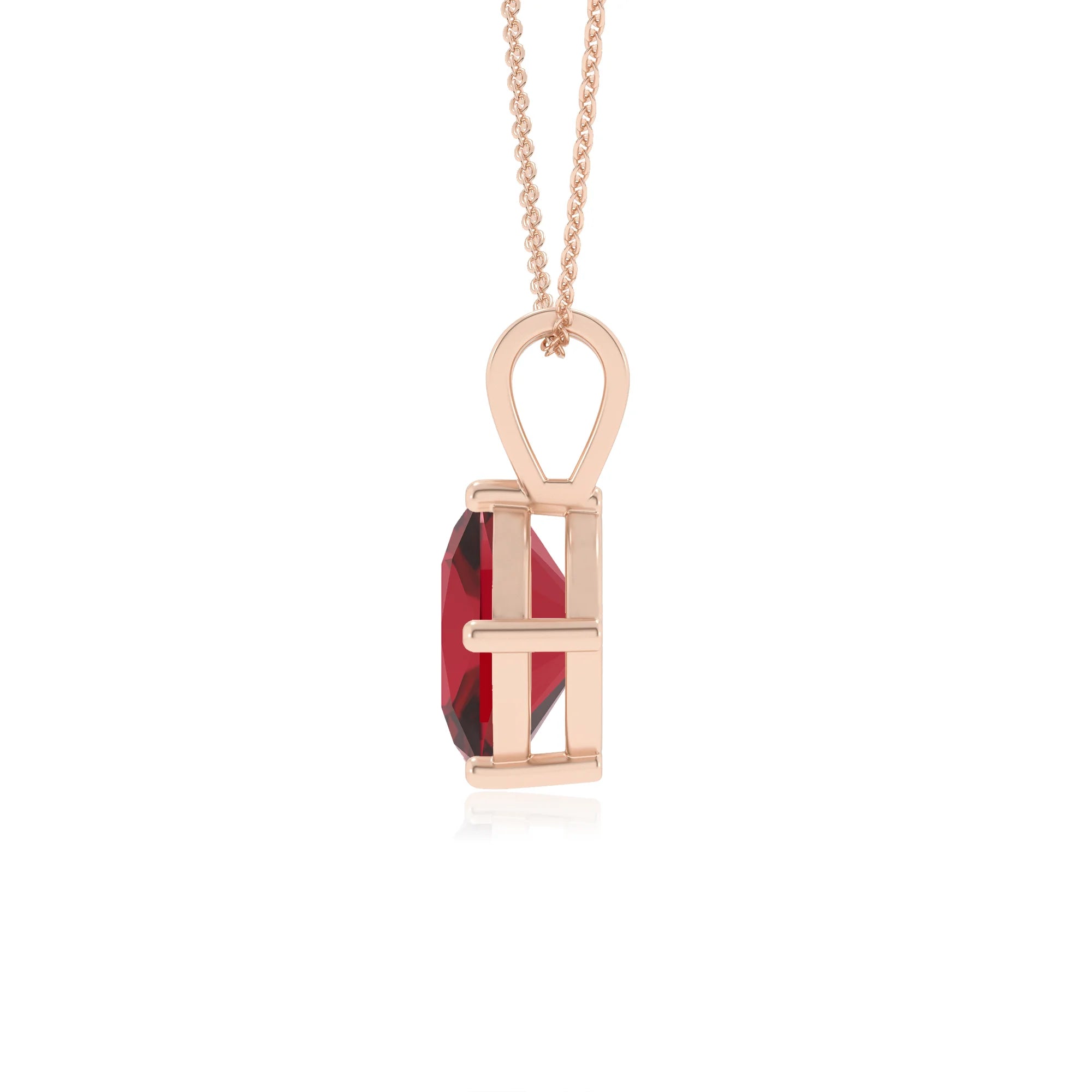 lab grown ruby cushion solitaire v-bale necklaces in rose gold 
