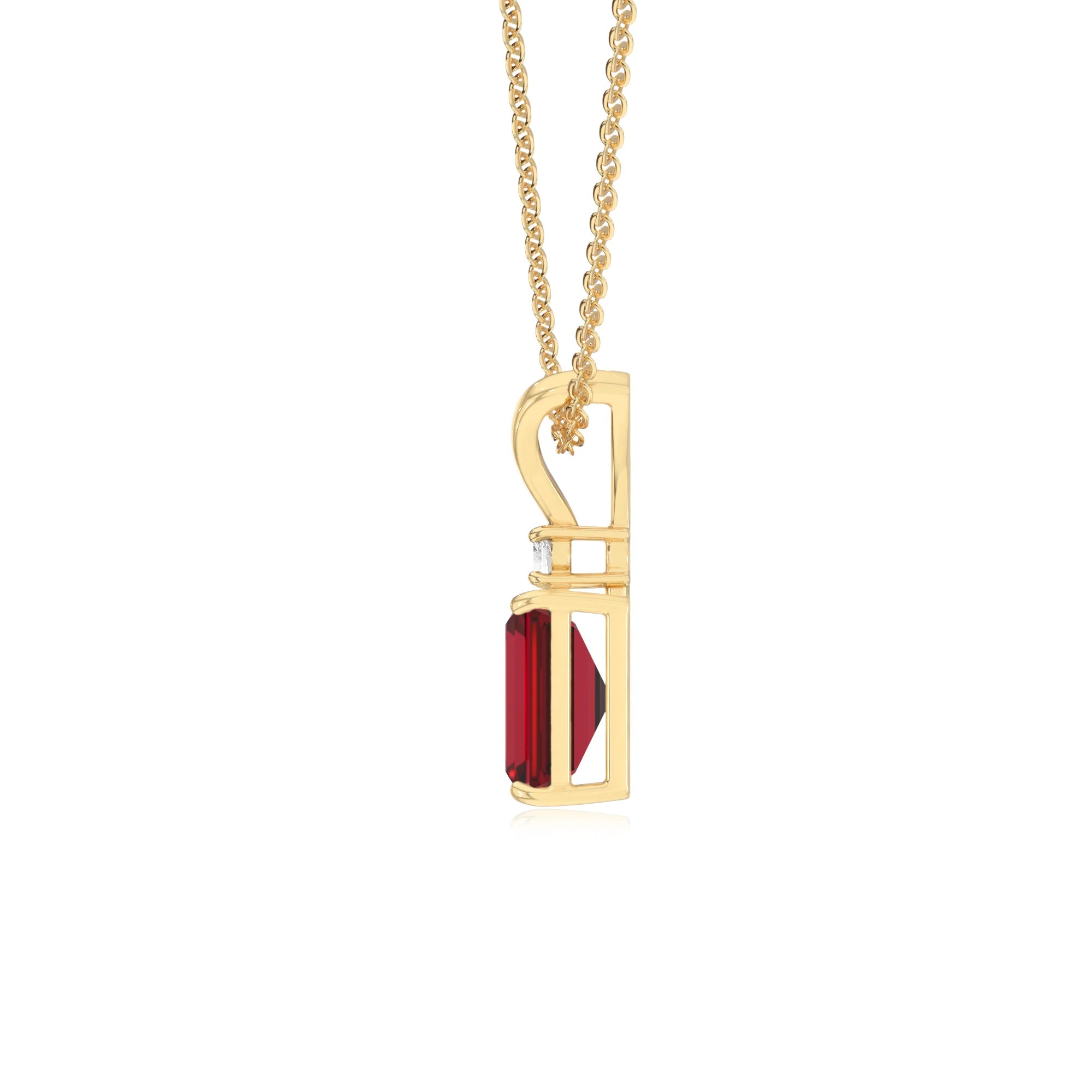 lab grown ruby emerald cut solitaire v-bale necklaces in yellow gold 