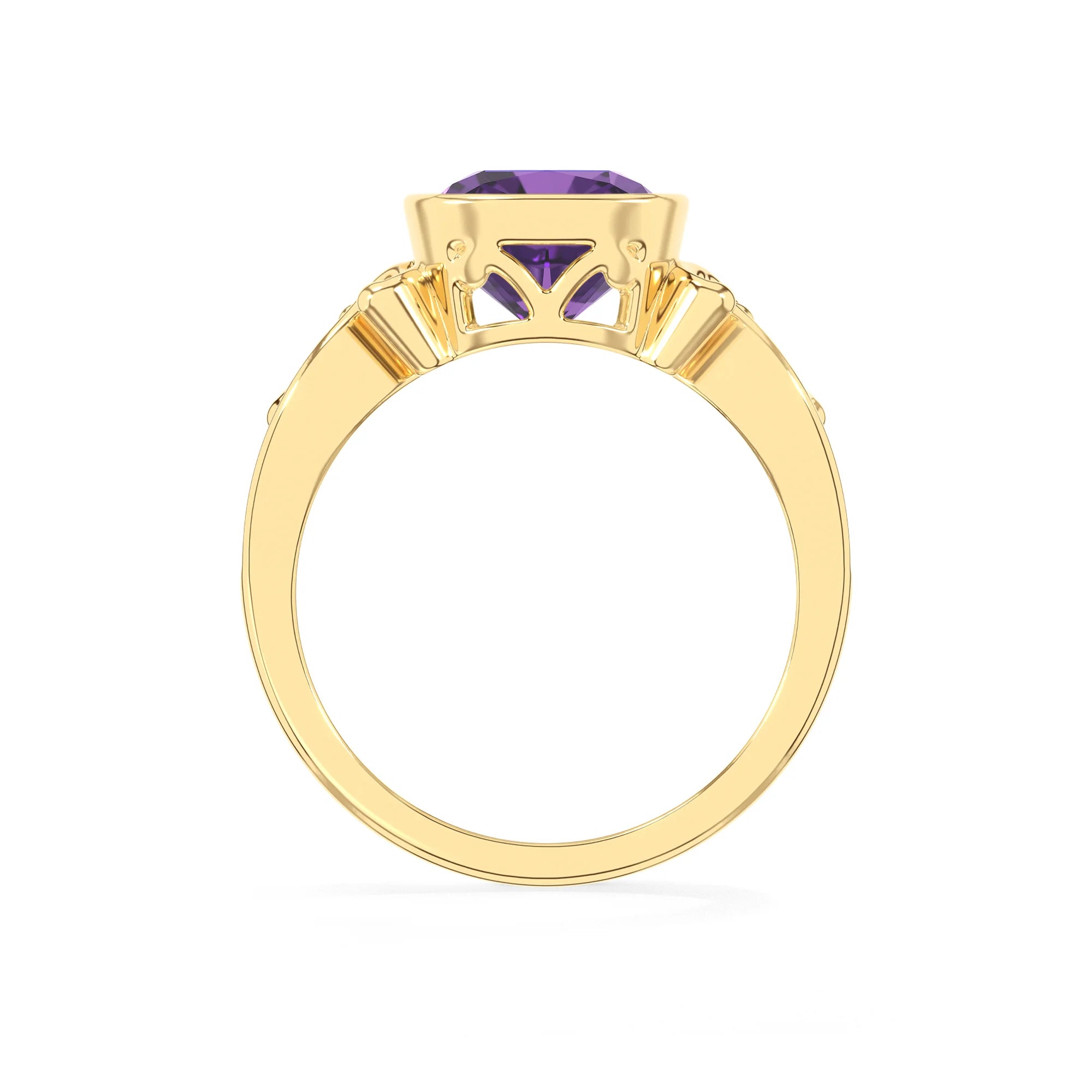 lab grown amethyst cushion solitaire rings in yellow gold 