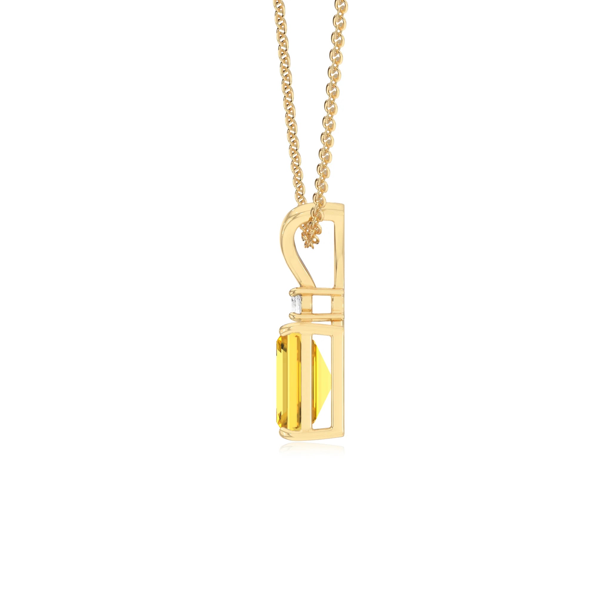 lab grown yellow-sapphire emerald cut solitaire v-bale necklaces in yellow gold 