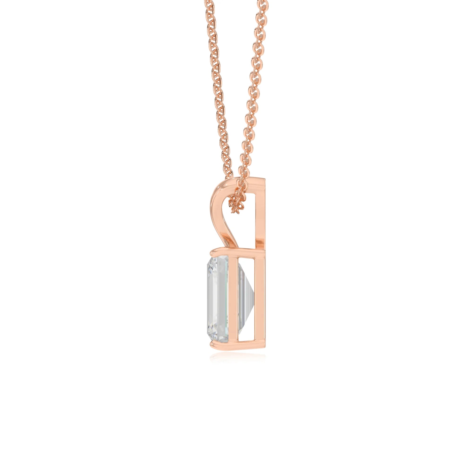 lab grown moissanite emerald cut solitaire v-bale necklaces in rose gold 