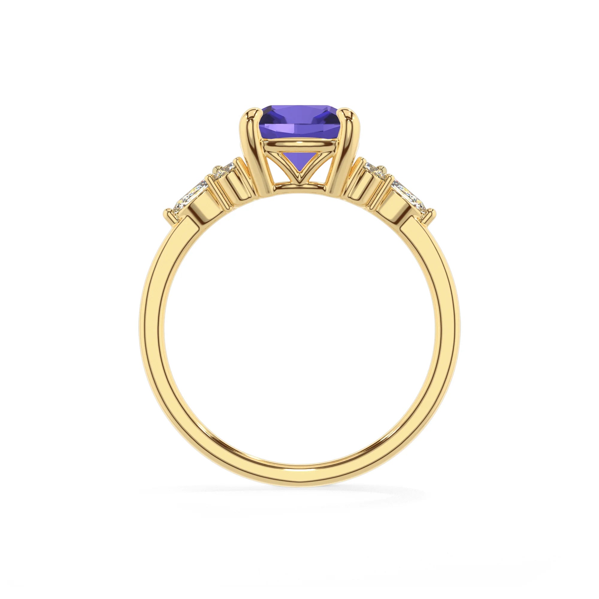 lab grown tanzanite cushion solitaire rings in yellow gold 