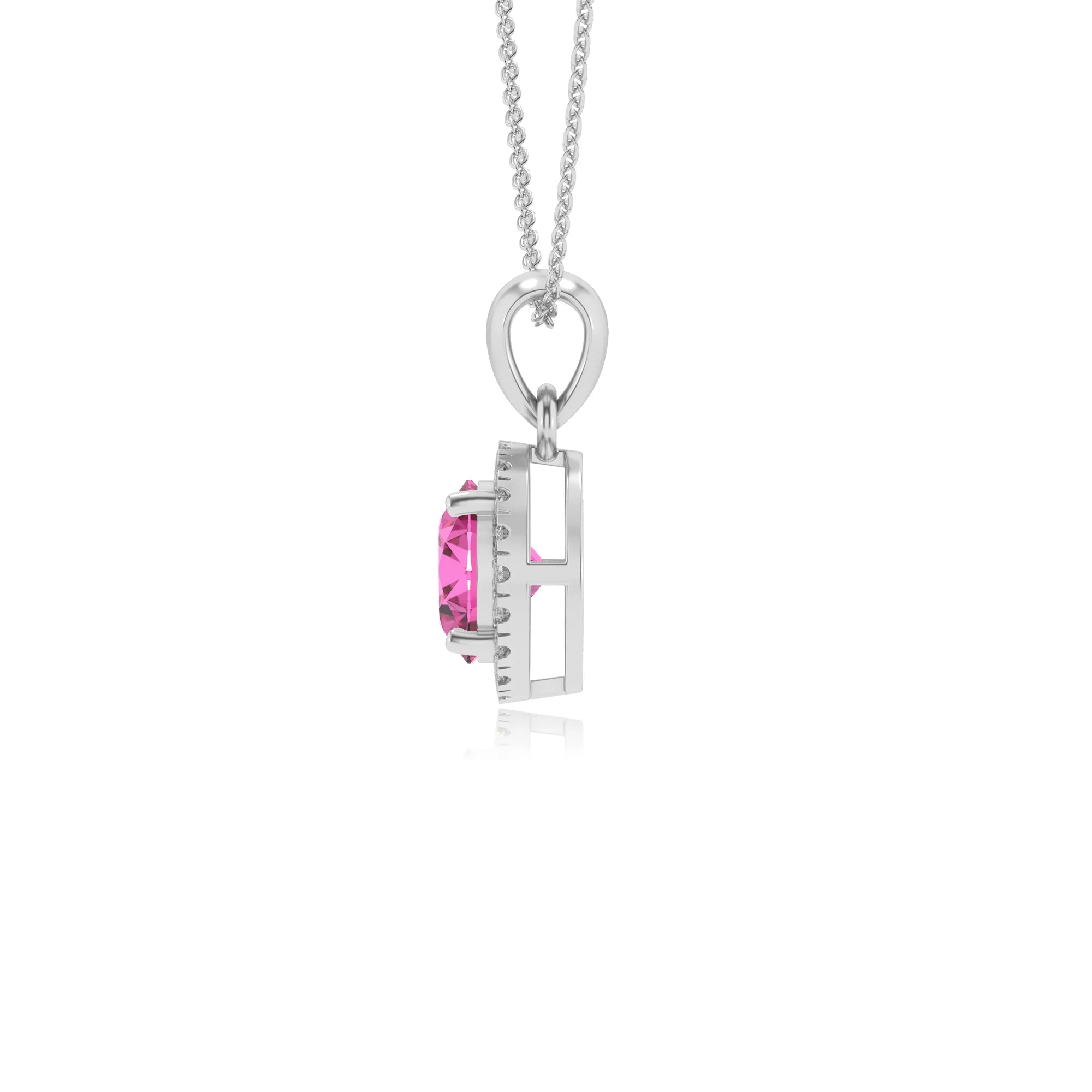 lab grown pink-sapphire round solitaire necklaces in white gold 