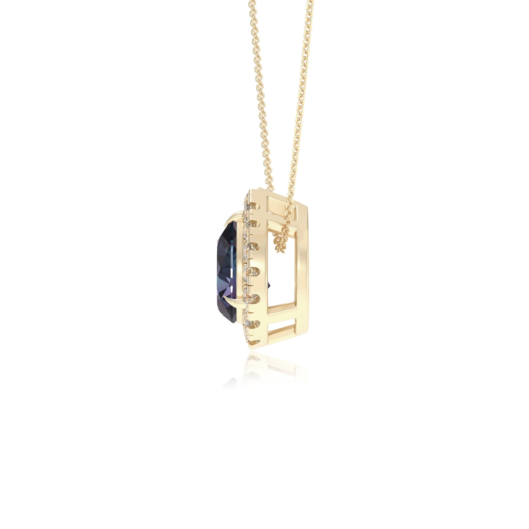 lab grown alexandrite pear solitaire necklaces in yellow gold 