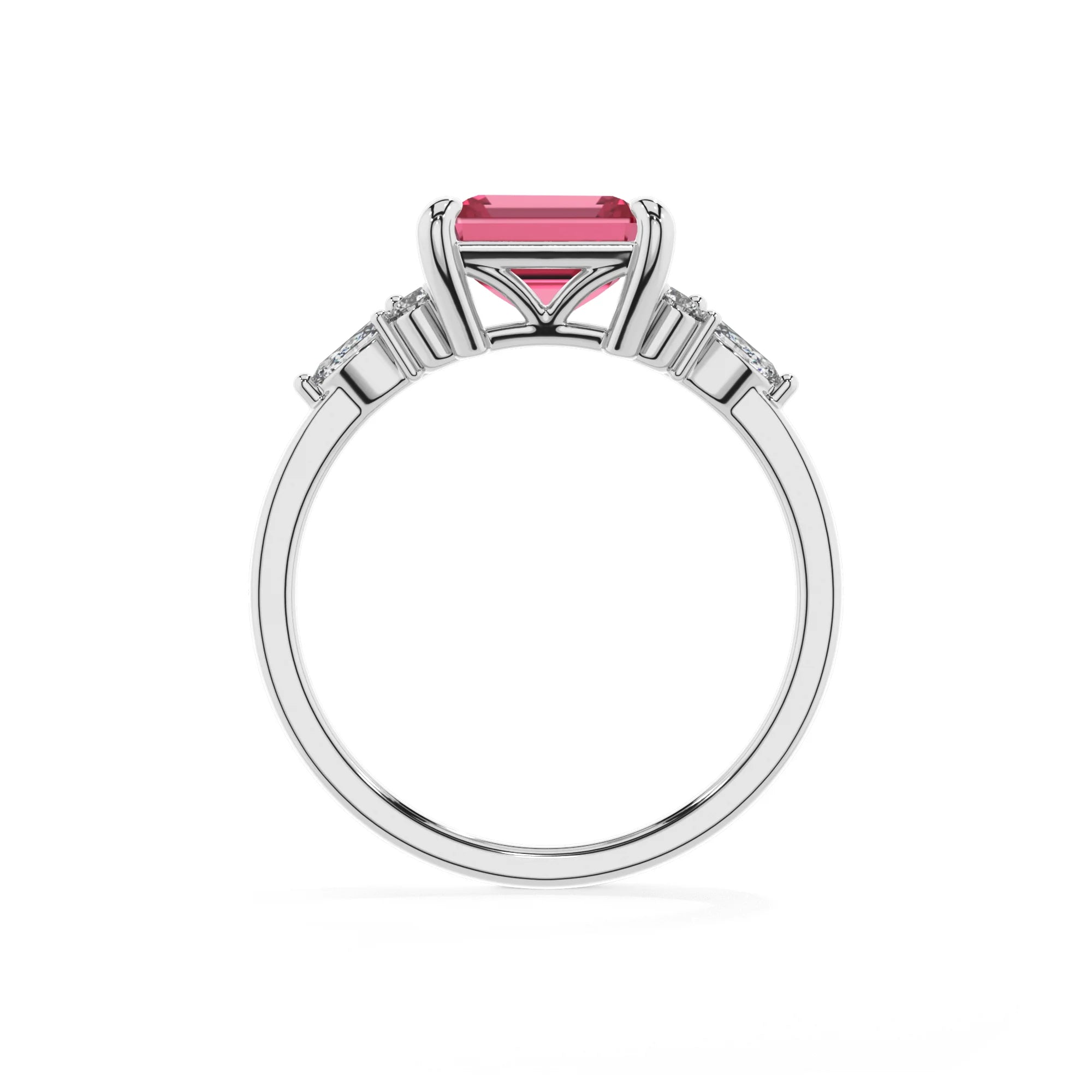 lab grown pink-tourmaline emerald cut solitaire rings in sterling silver 