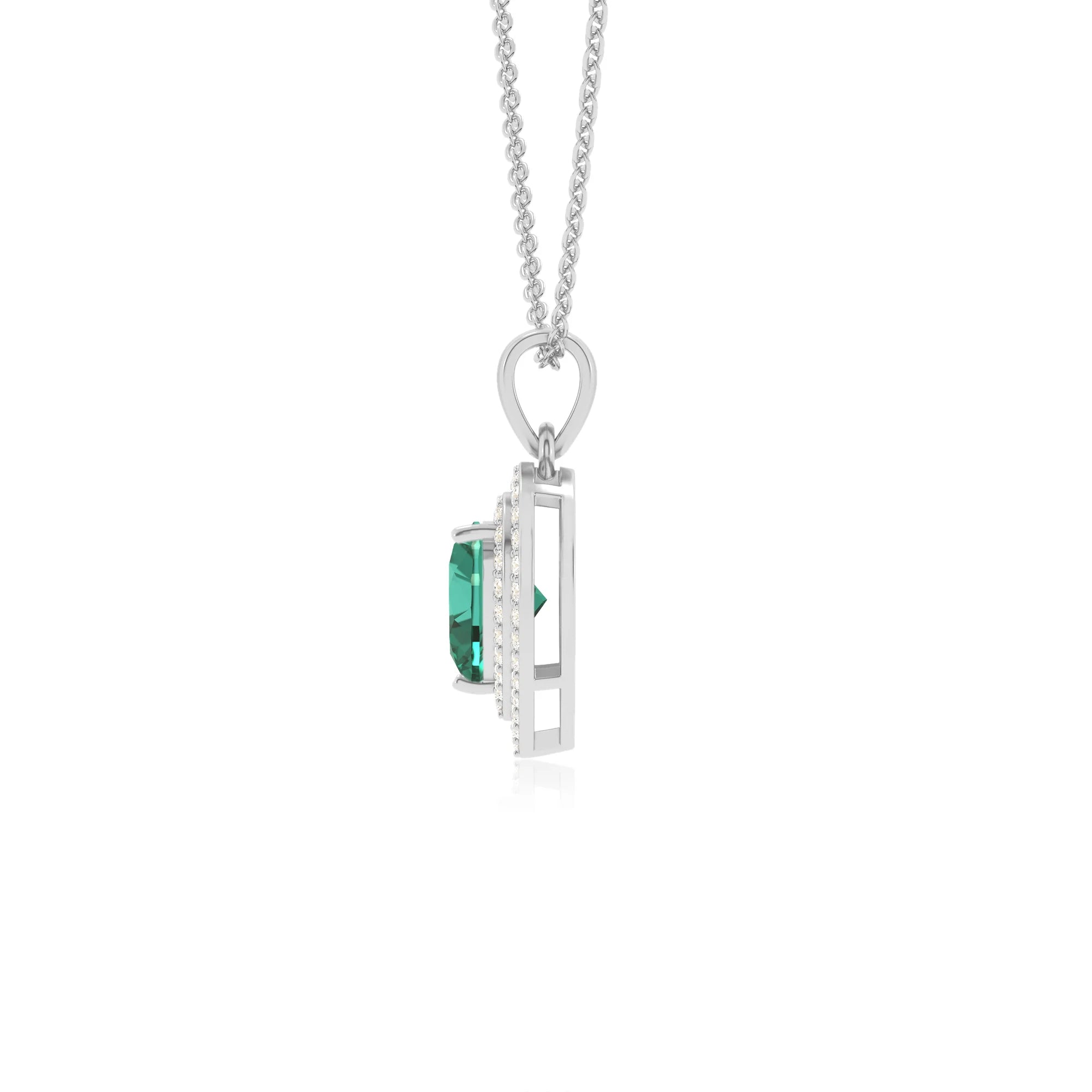 lab grown emerald heart halo necklaces in white gold 