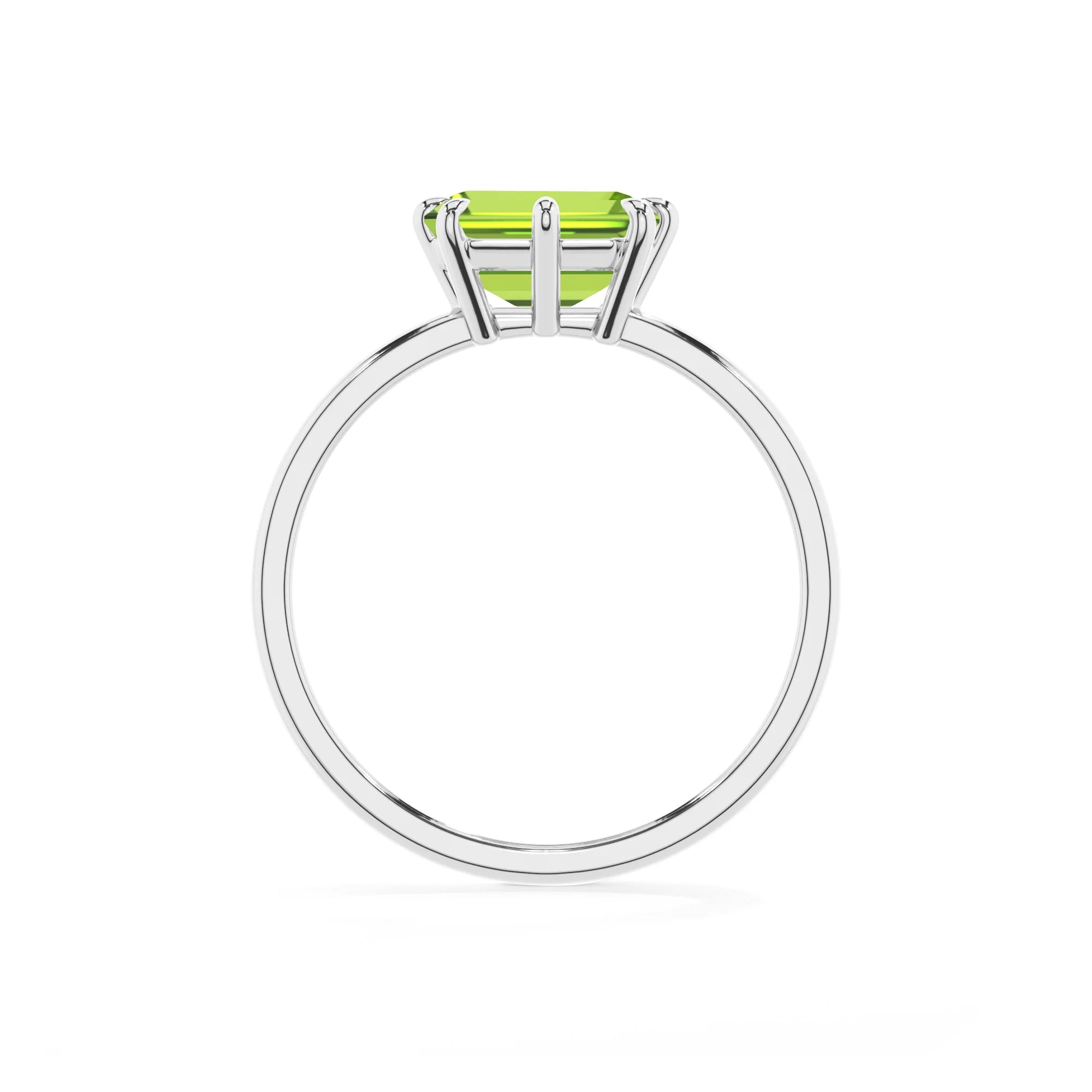 natural peridot emerald cut solitaire rings in white gold 
