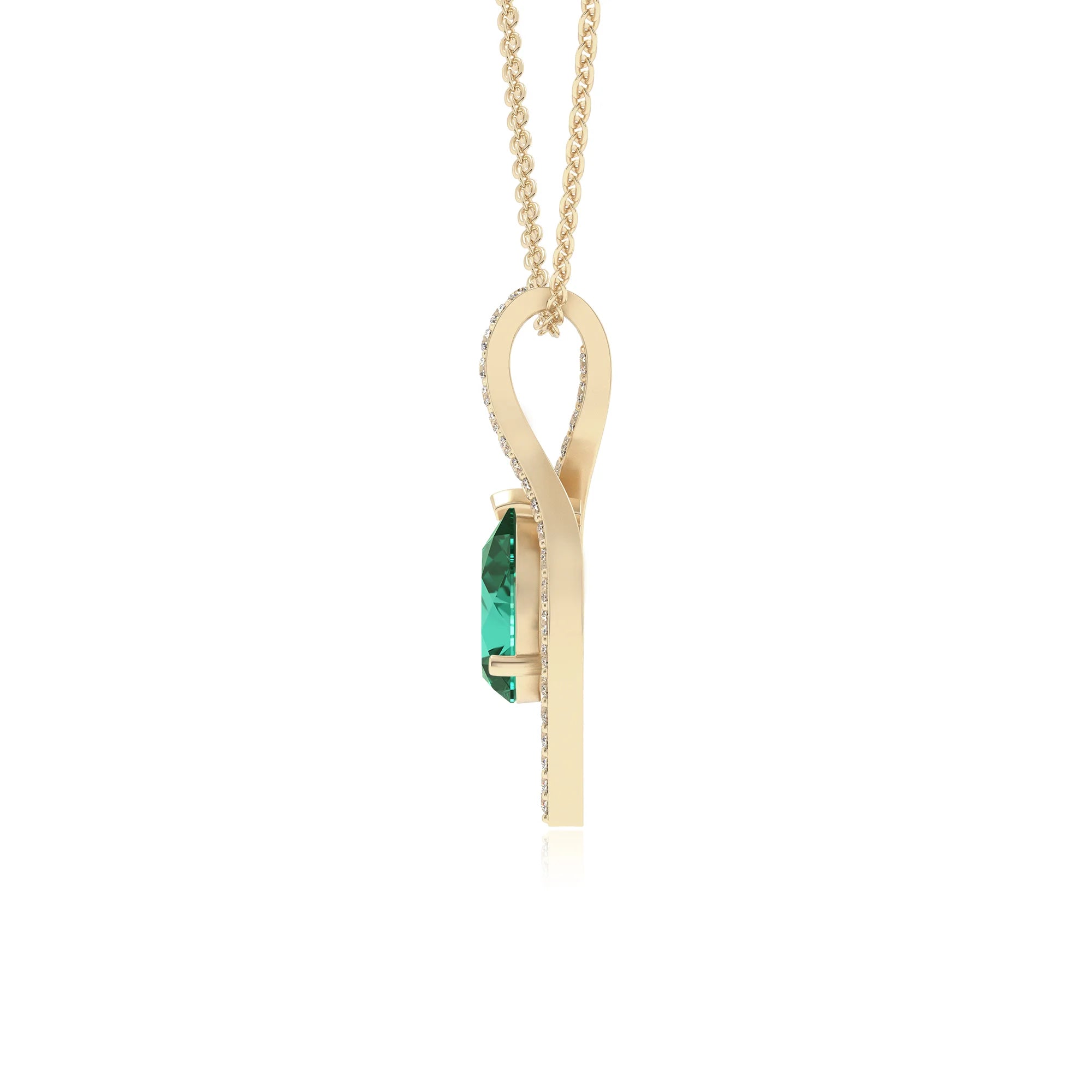 lab grown emerald pear infinity necklaces in yellow gold 