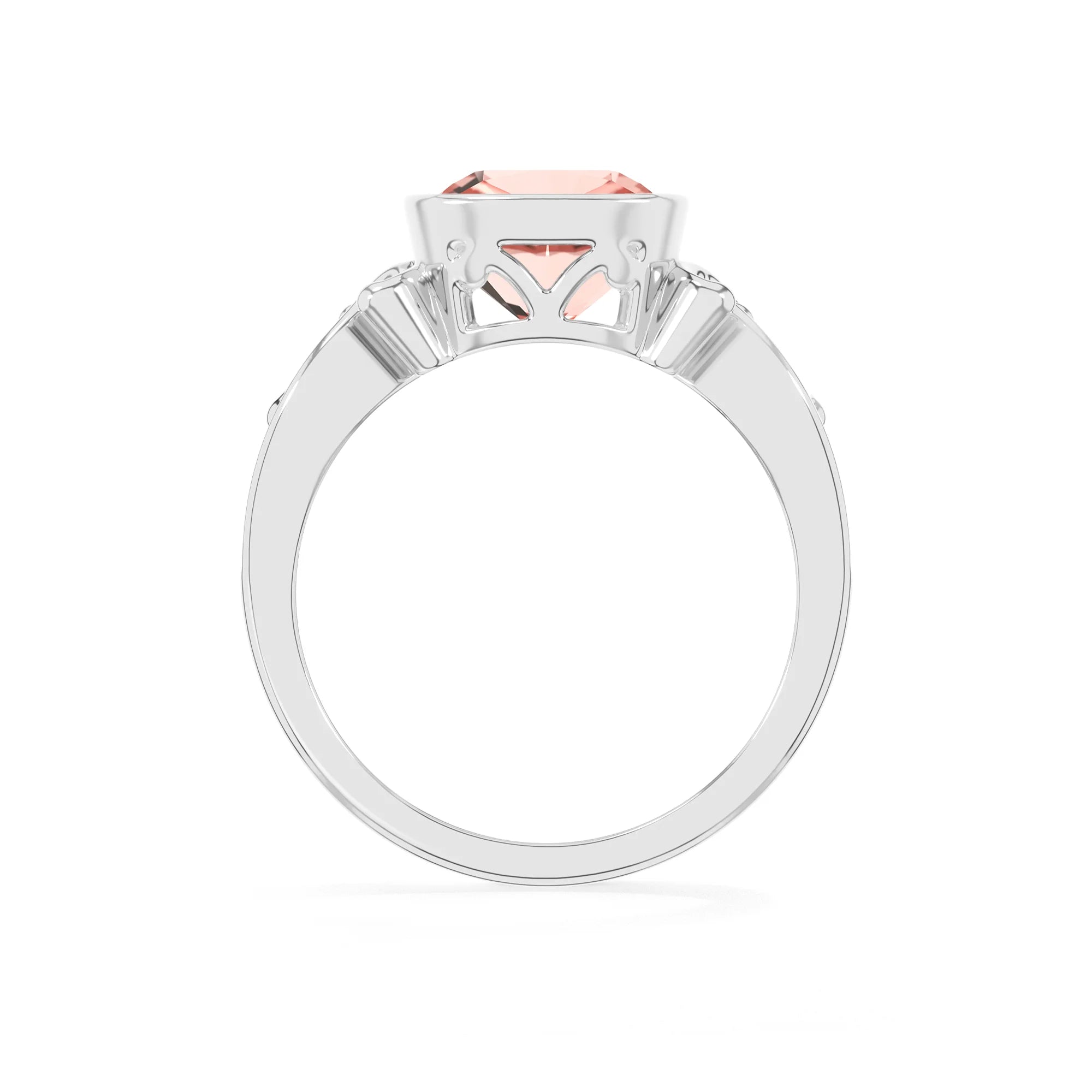 lab grown morganite cushion solitaire rings in platinum 