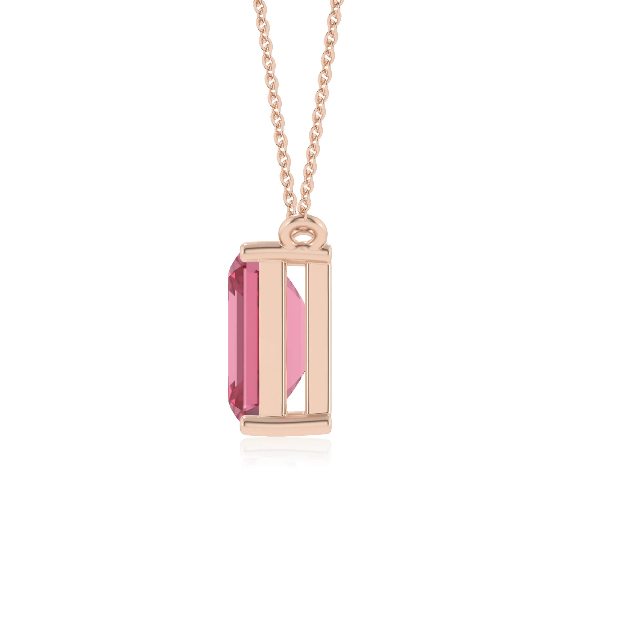 lab grown pink-tourmaline emerald cut solitaire necklaces in rose gold 