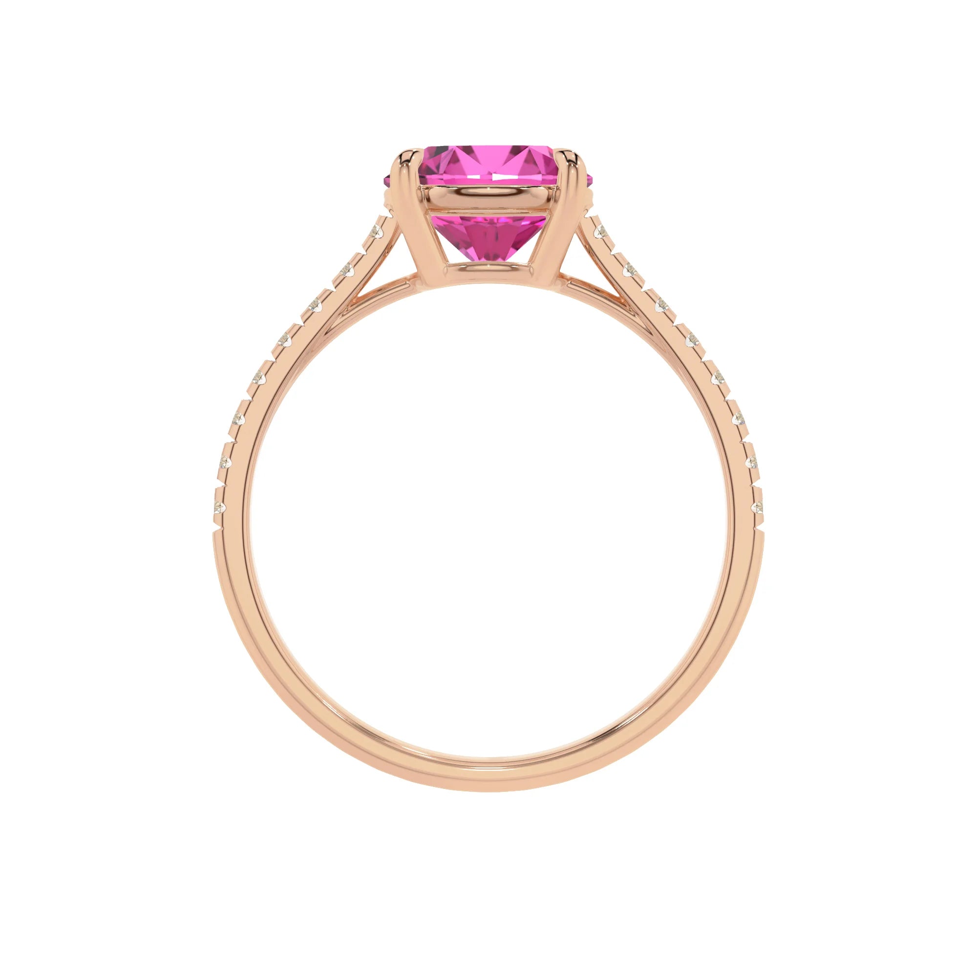 lab grown pink-sapphire round half eternity solitaire engagement rings in rose gold 
