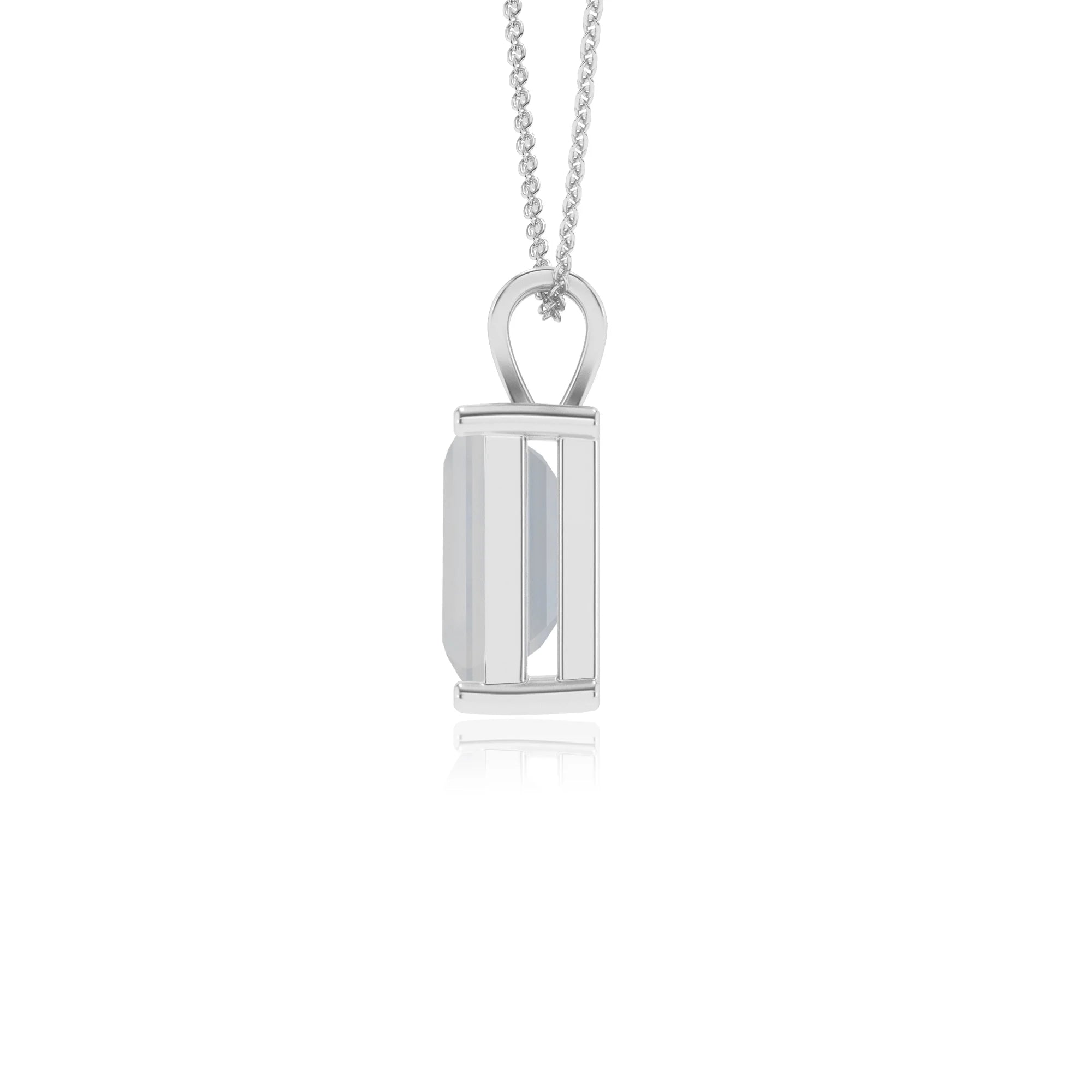 natural rainbow-moonstone emerald cut solitaire v-bale necklaces in platinum 