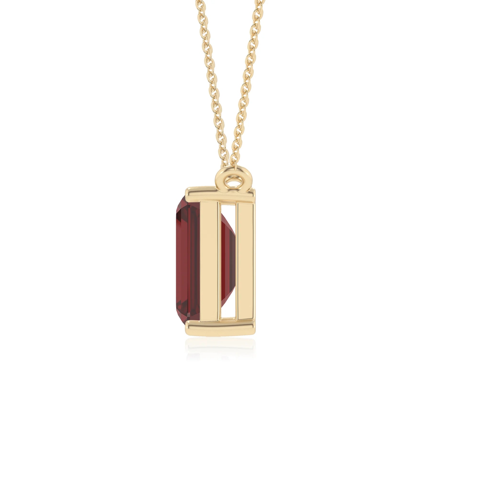 natural garnet emerald cut solitaire necklaces in yellow gold 