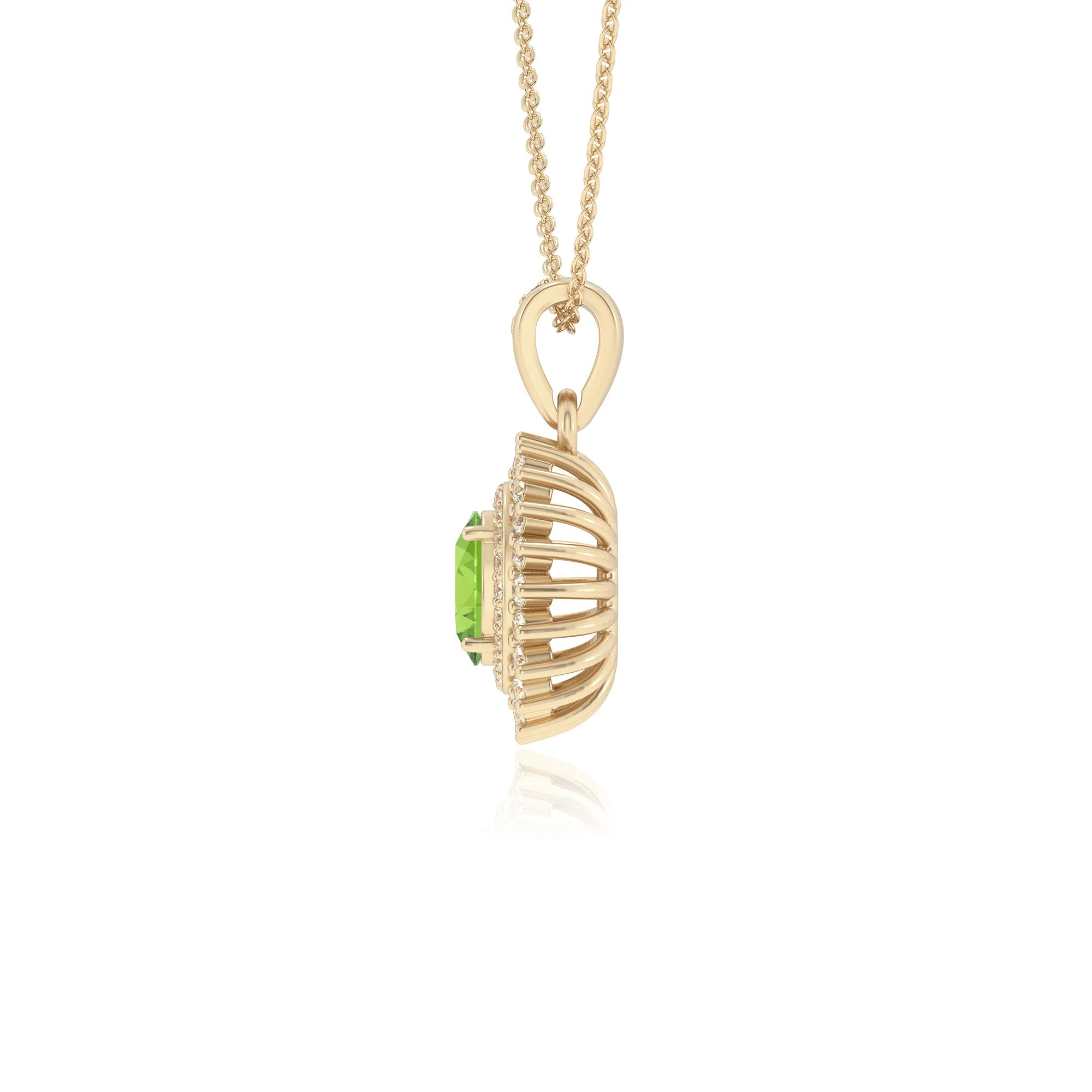 natural peridot oval halo necklaces in yellow gold 