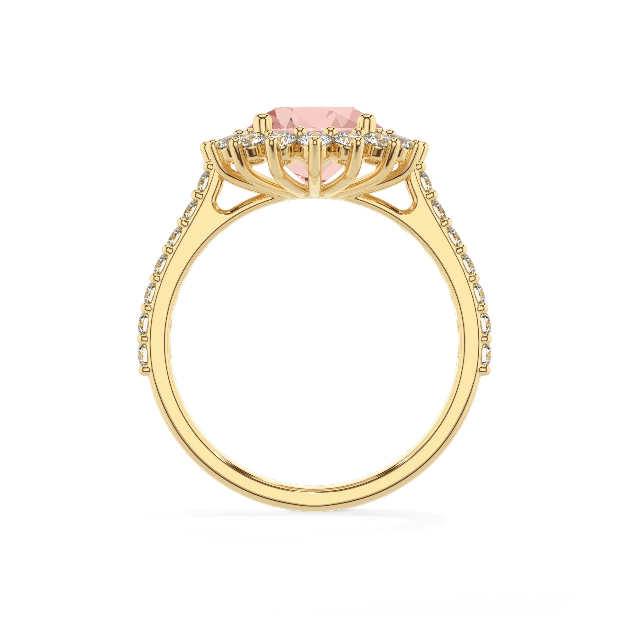 lab grown morganite round solitaire rings in yellow gold 