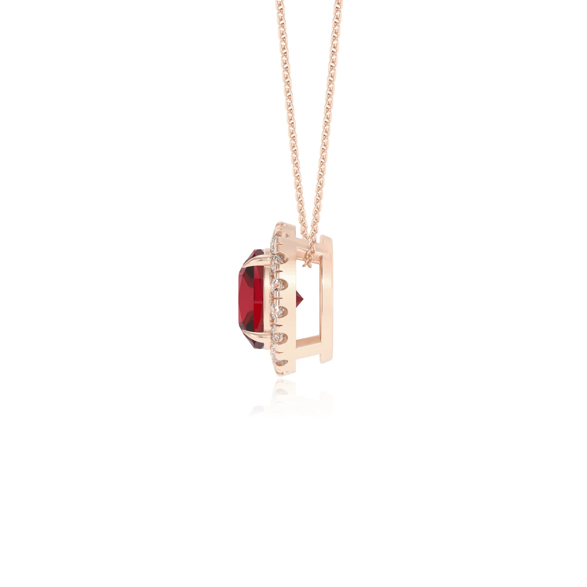lab grown ruby cushion solitaire necklaces in rose gold 