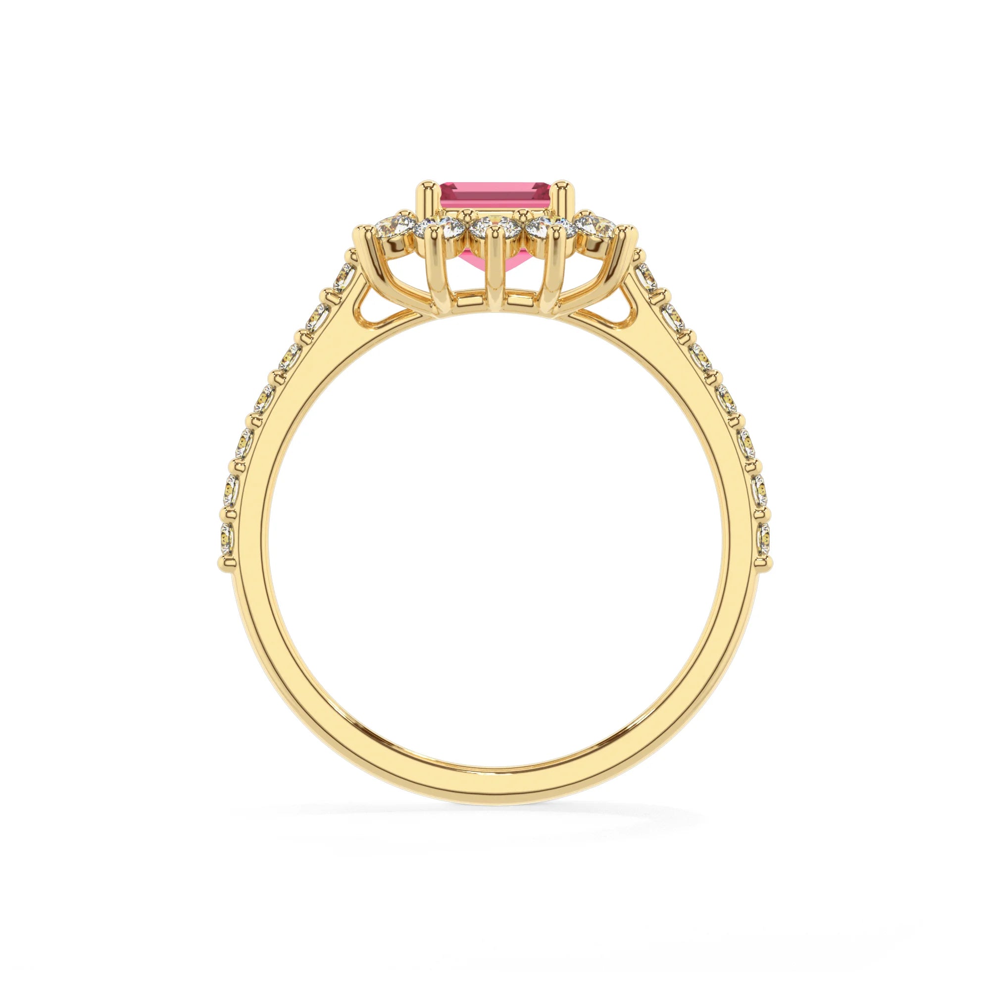 lab grown pink-tourmaline emerald cut solitaire rings in yellow gold 