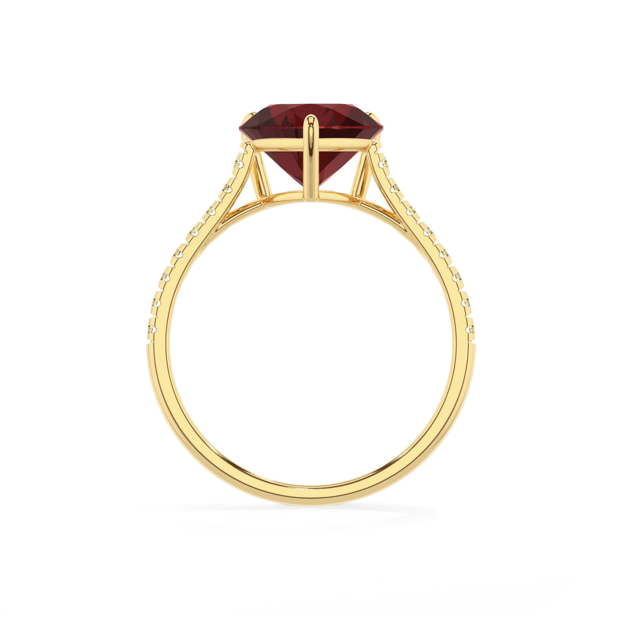 natural garnet heart half eternity solitaire engagement rings in yellow gold 