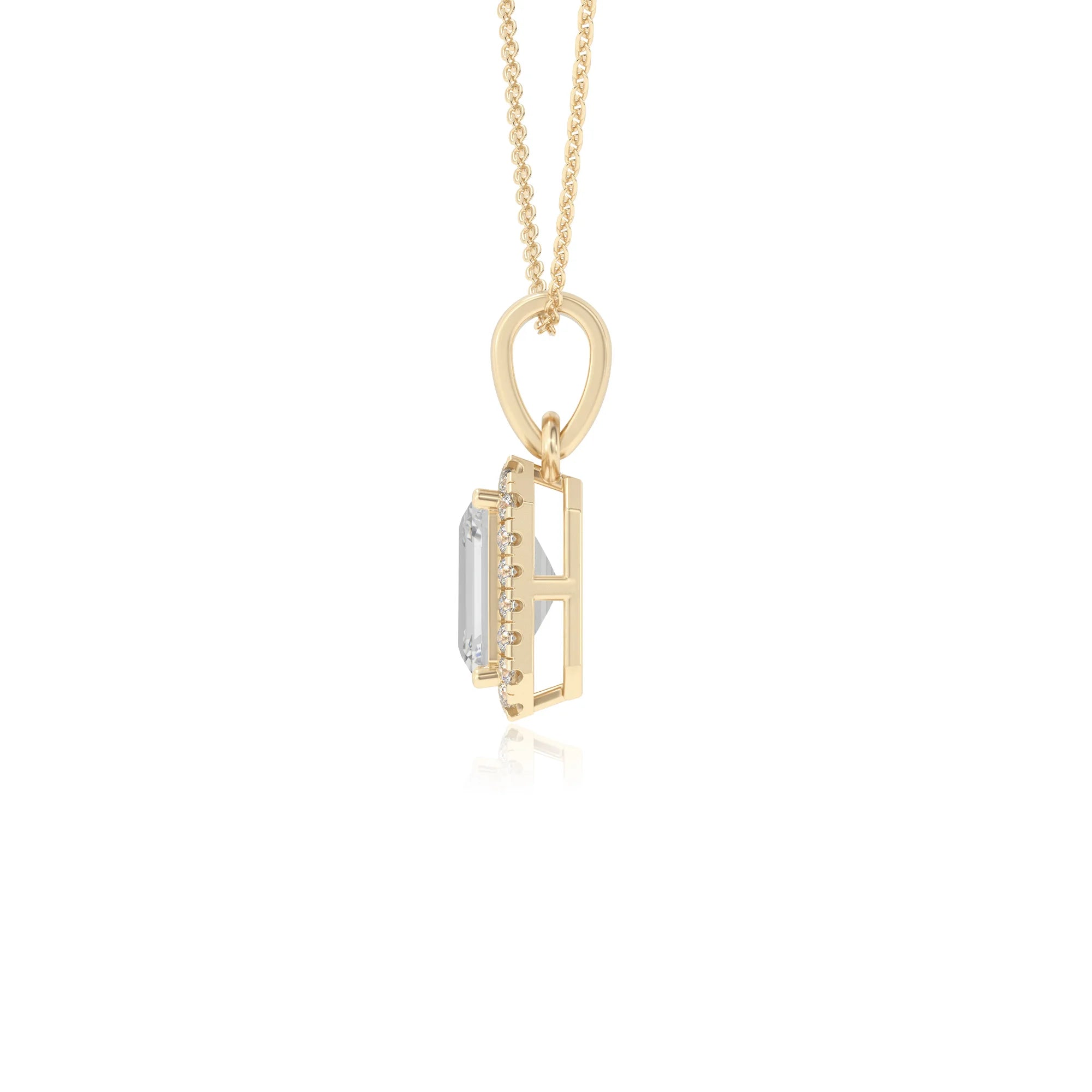 lab grown moissanite emerald cut solitaire necklaces in yellow gold 