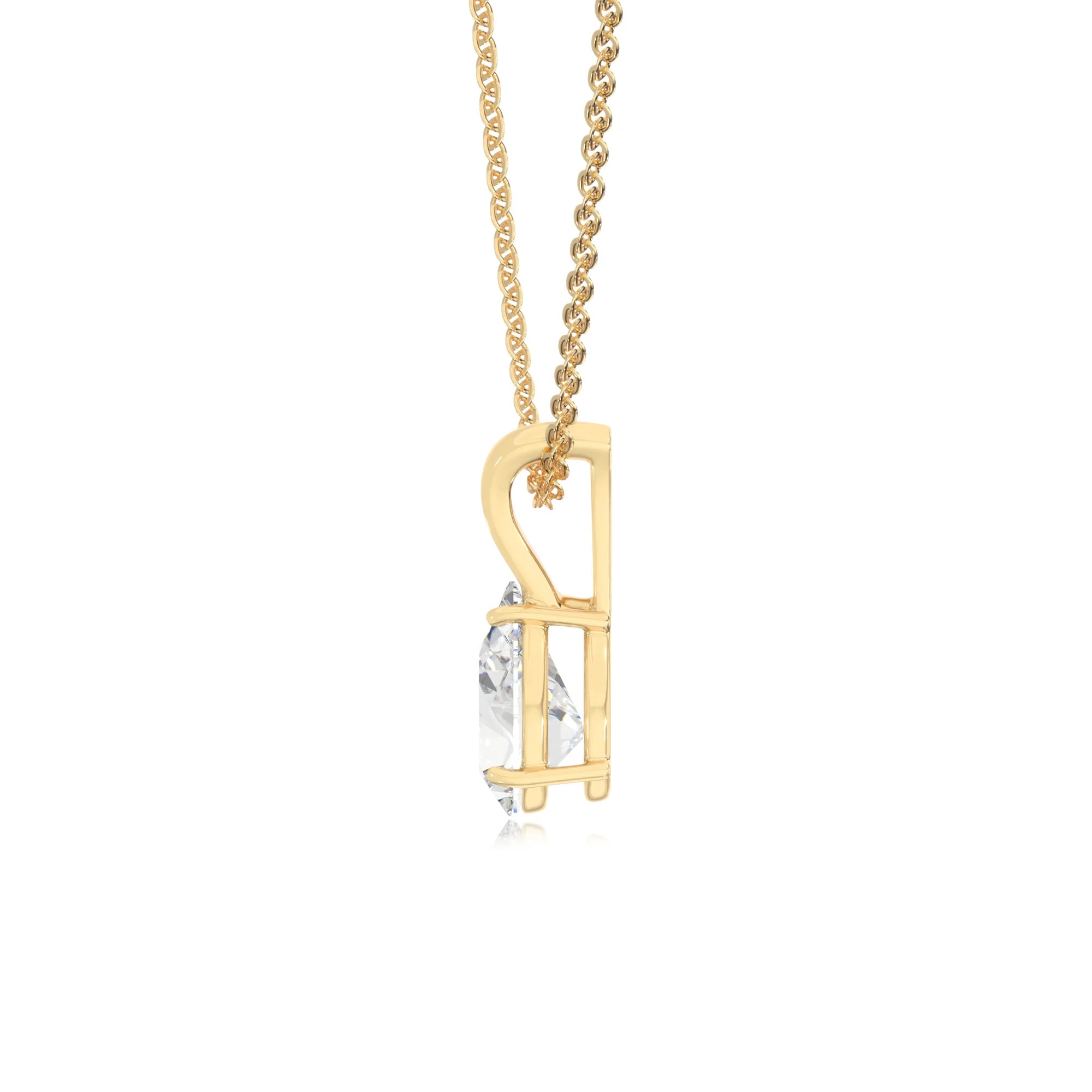 lab grown moissanite pear solitaire v-bale necklaces in yellow gold 