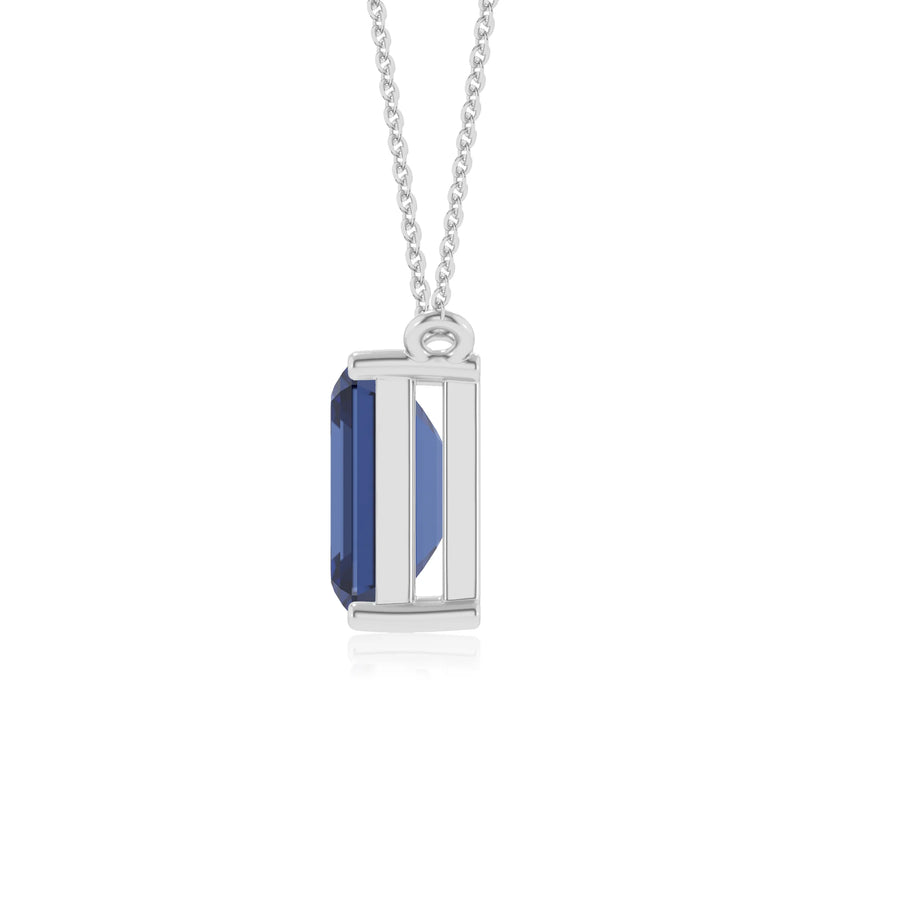 lab grown blue-sapphire emerald cut solitaire necklaces in white gold 