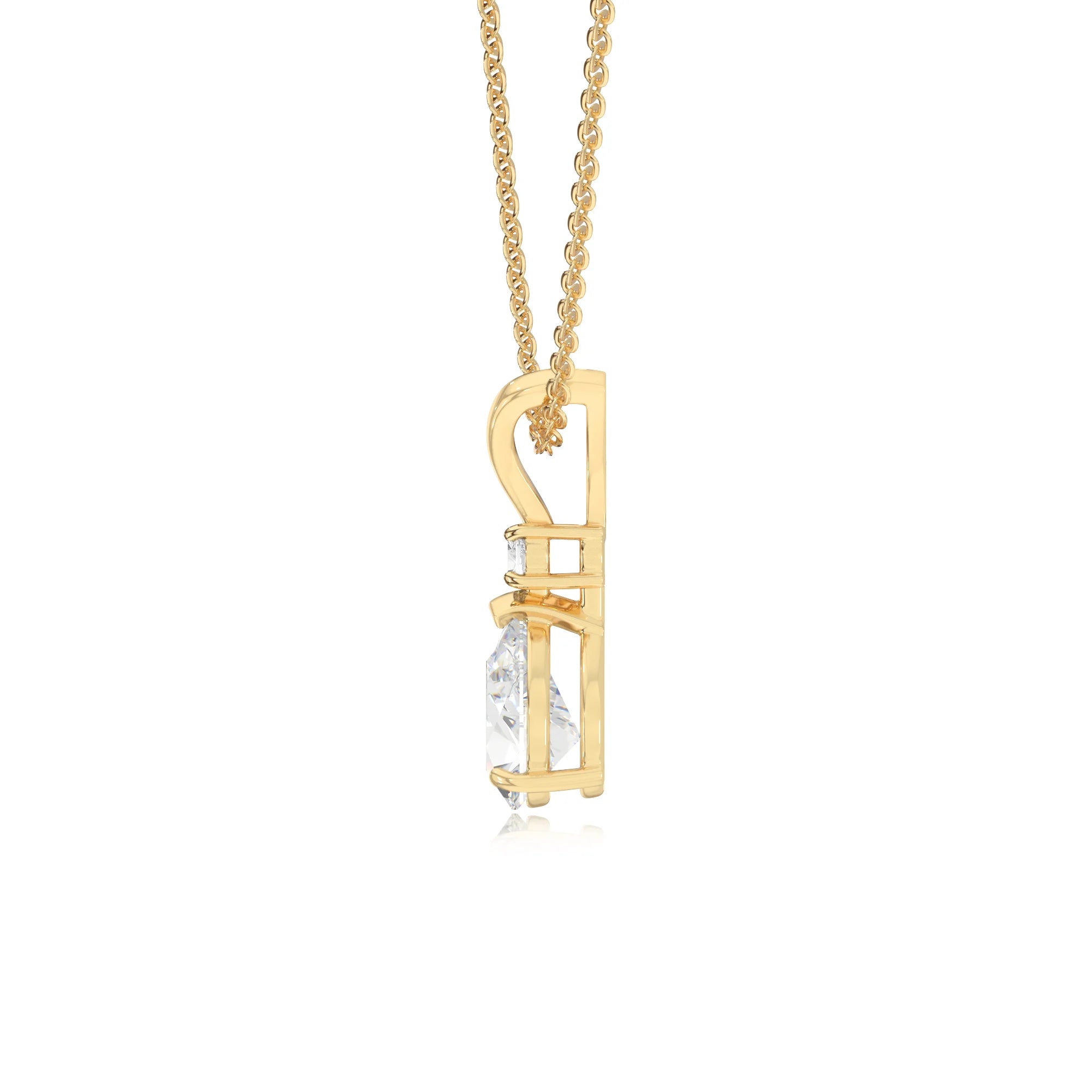 lab grown moissanite pear solitaire v-bale necklaces in yellow gold 