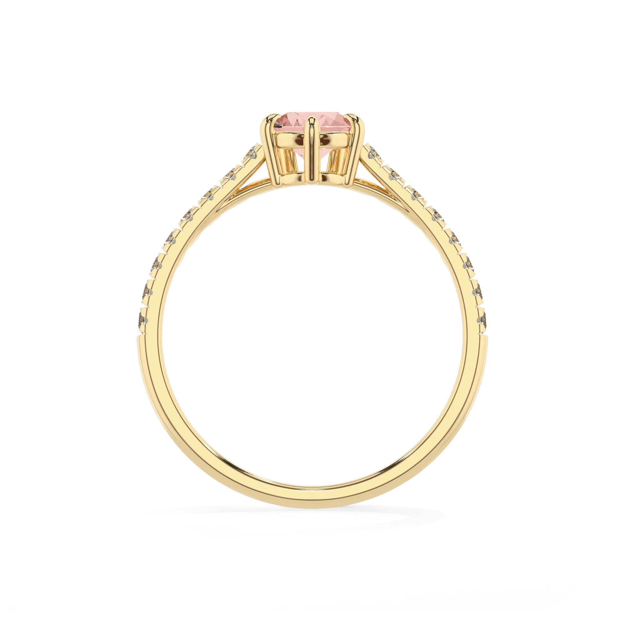 lab grown morganite pear half eternity solitaire engagement rings in yellow gold 