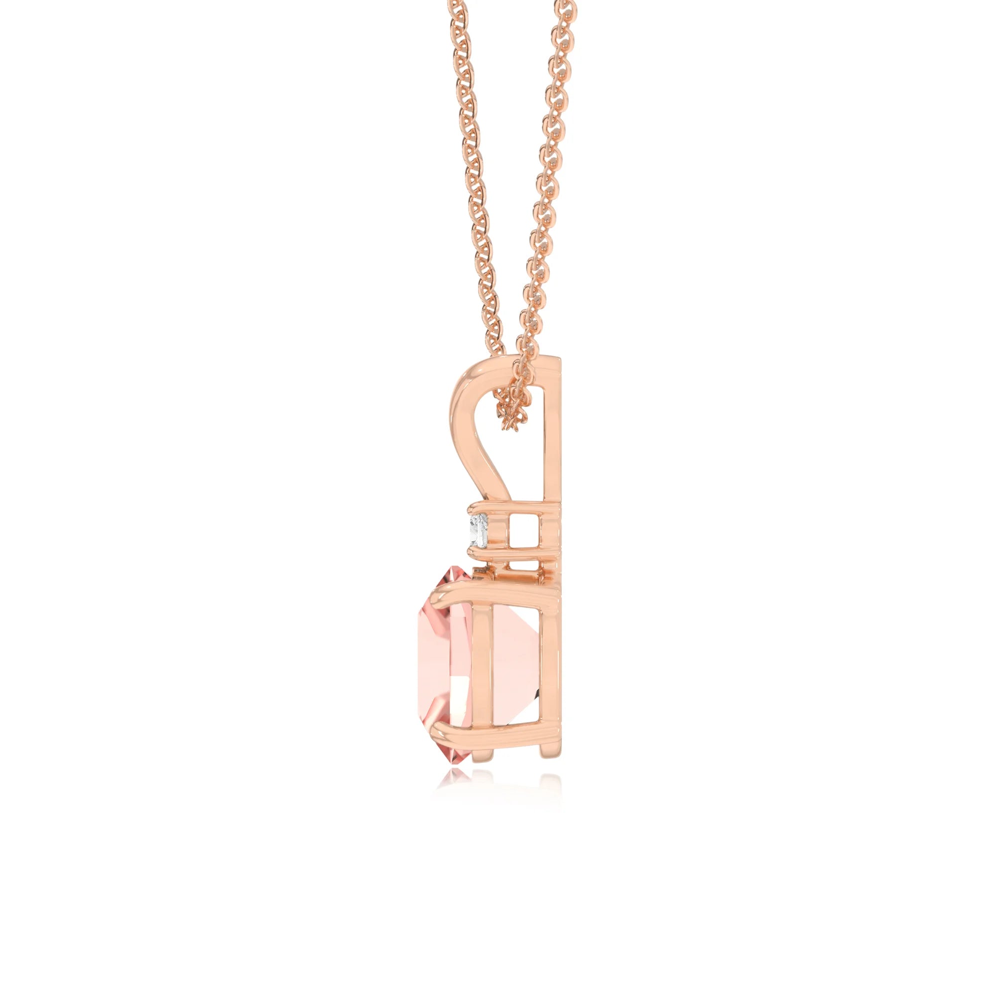 lab grown morganite cushion solitaire v-bale necklaces in rose gold 