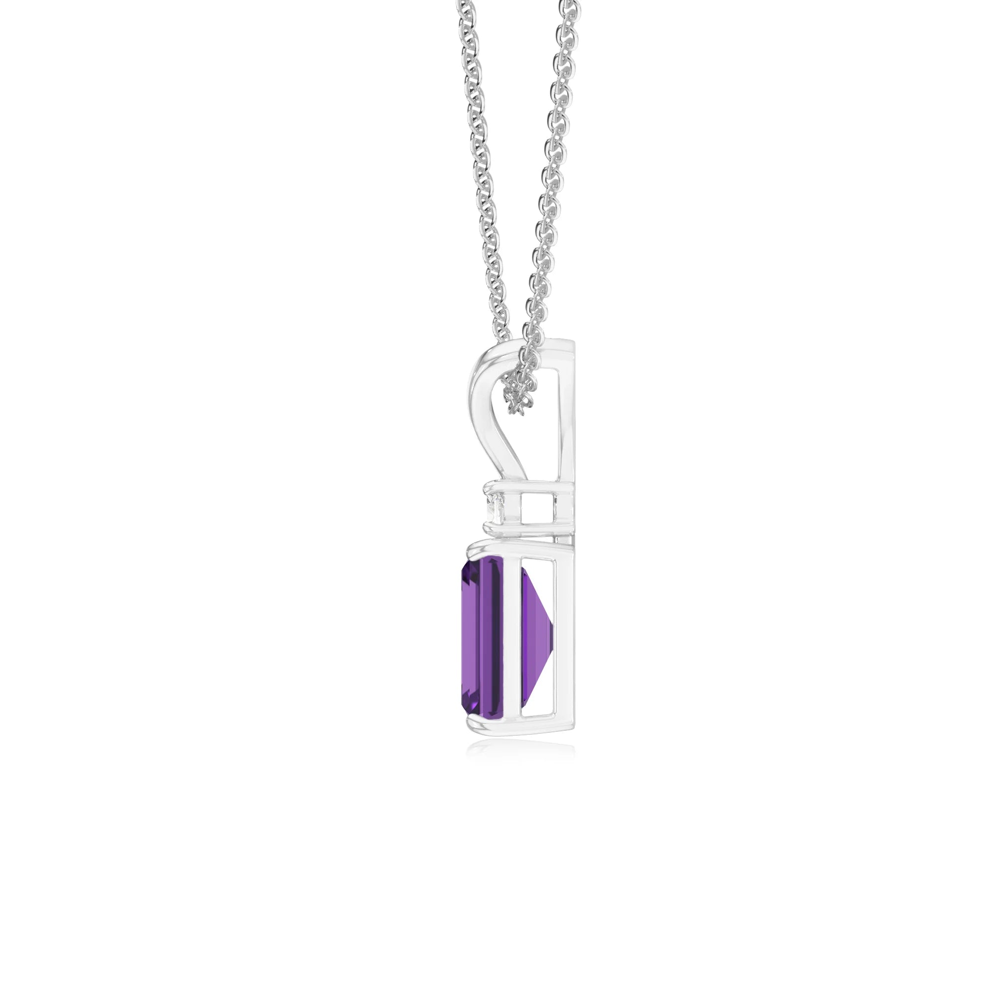 lab grown amethyst emerald cut solitaire v-bale necklaces in white gold 