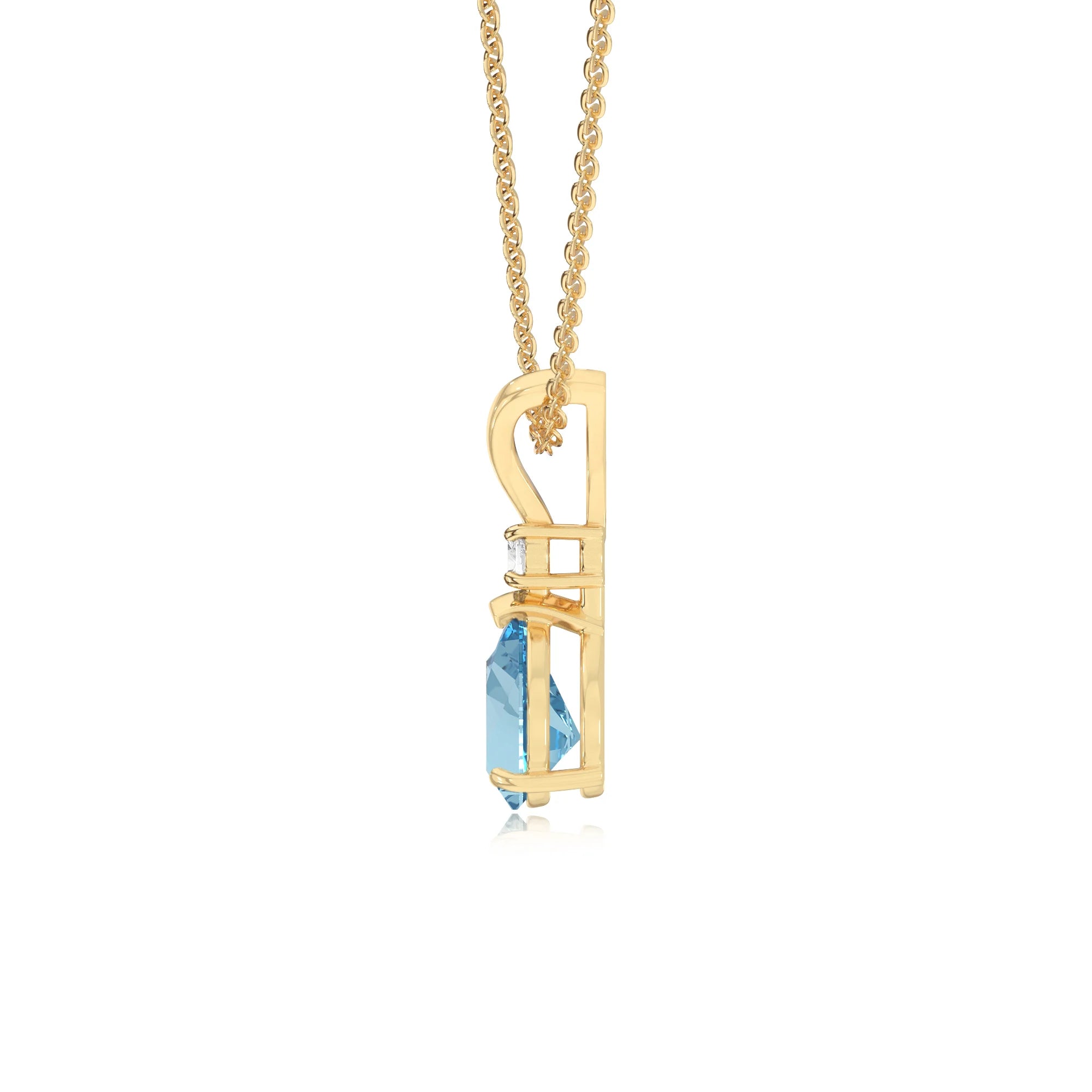lab grown aquamarine pear solitaire v-bale necklaces in yellow gold 