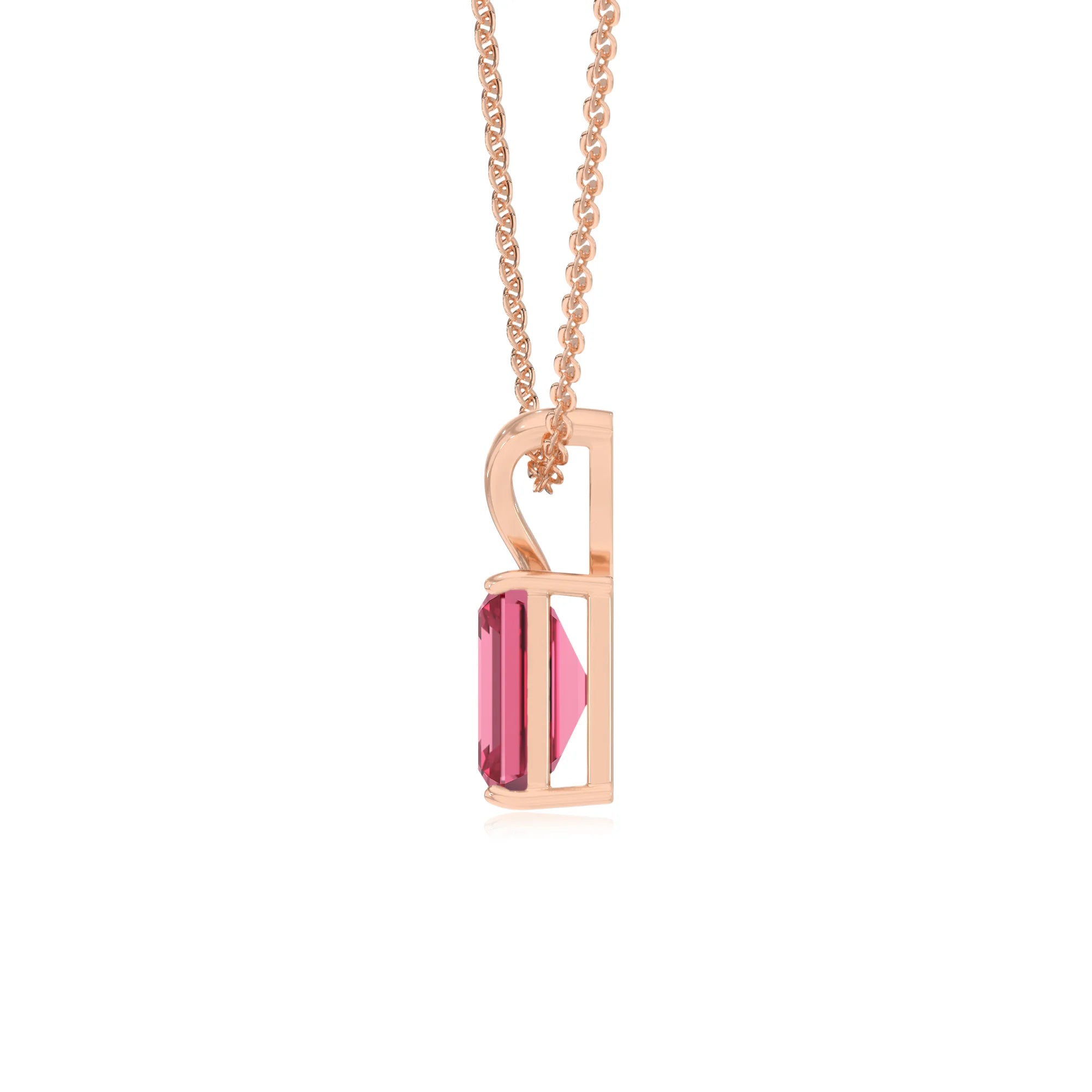 lab grown pink-tourmaline emerald cut solitaire v-bale necklaces in rose gold 