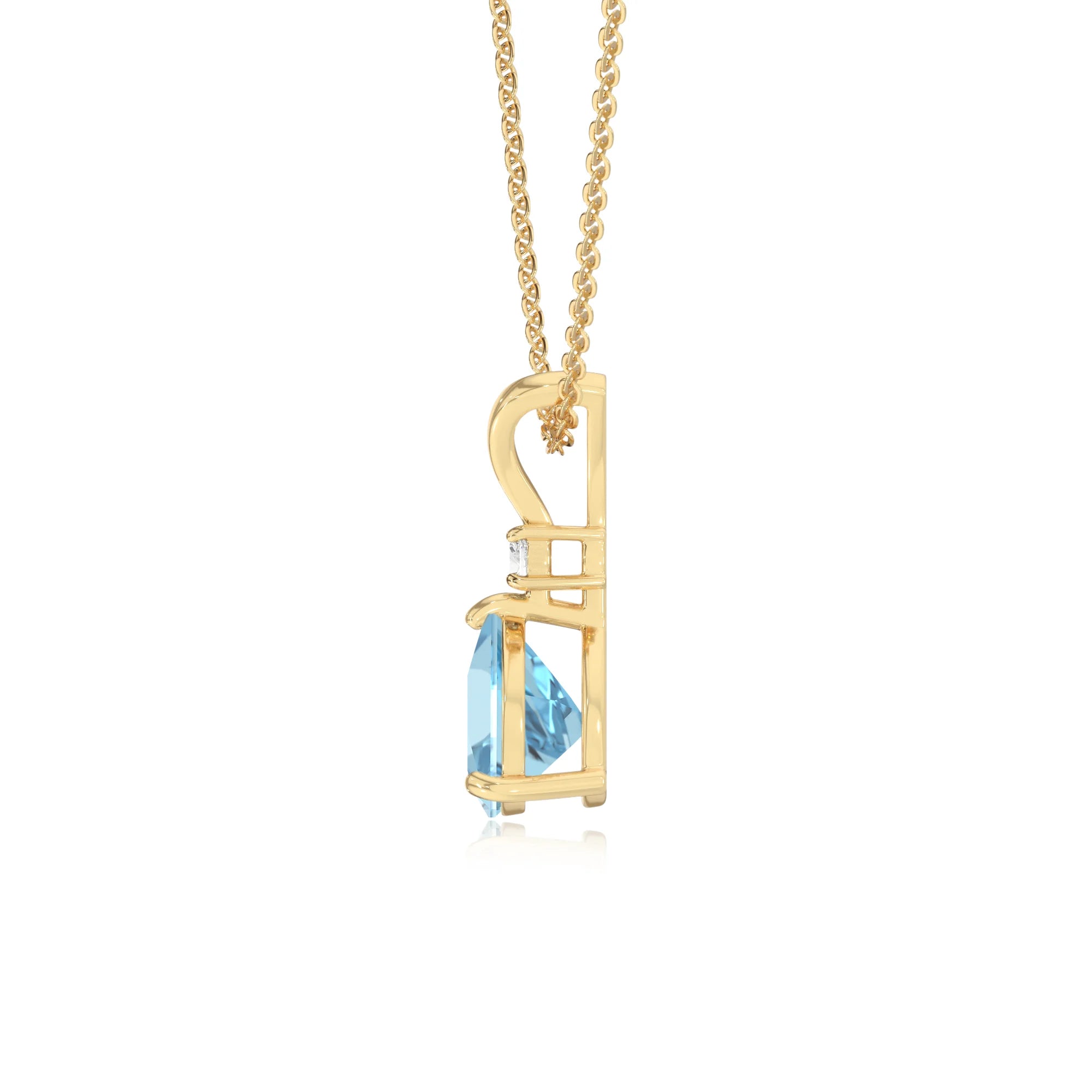 lab grown aquamarine trillion solitaire v-bale necklaces in yellow gold 