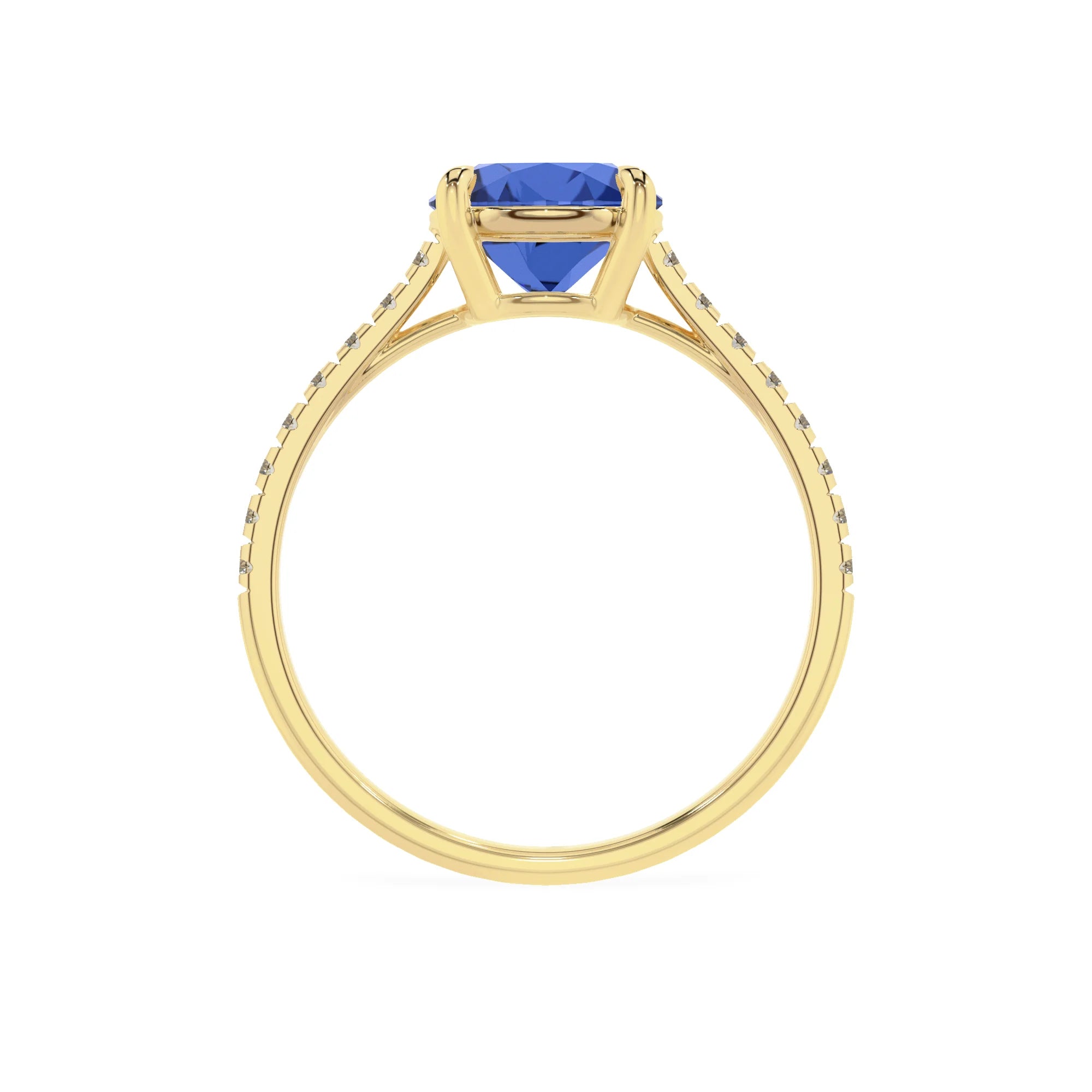 lab grown blue-sapphire round half eternity solitaire engagement rings in yellow gold 