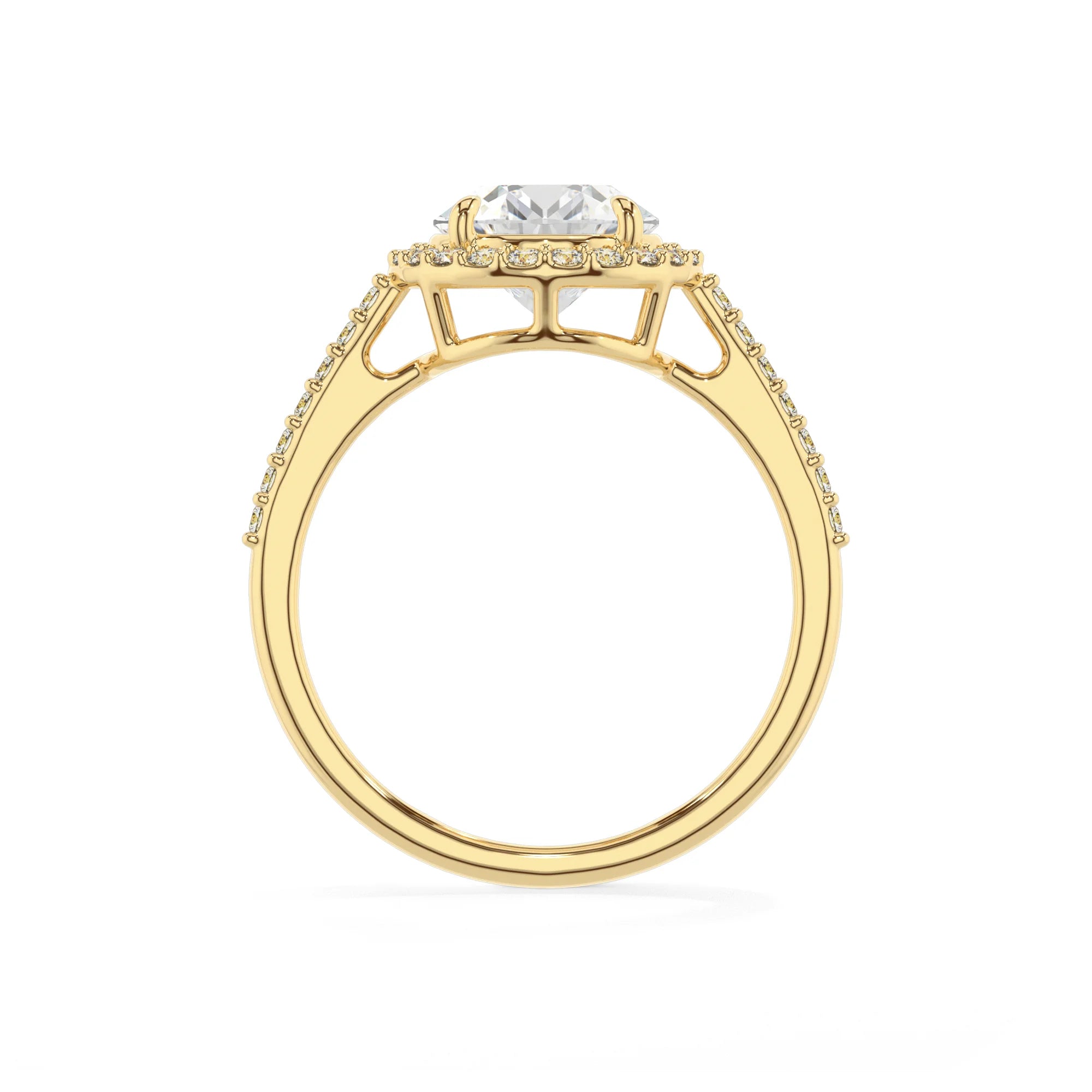lab grown moissanite round solitaire rings in yellow gold 