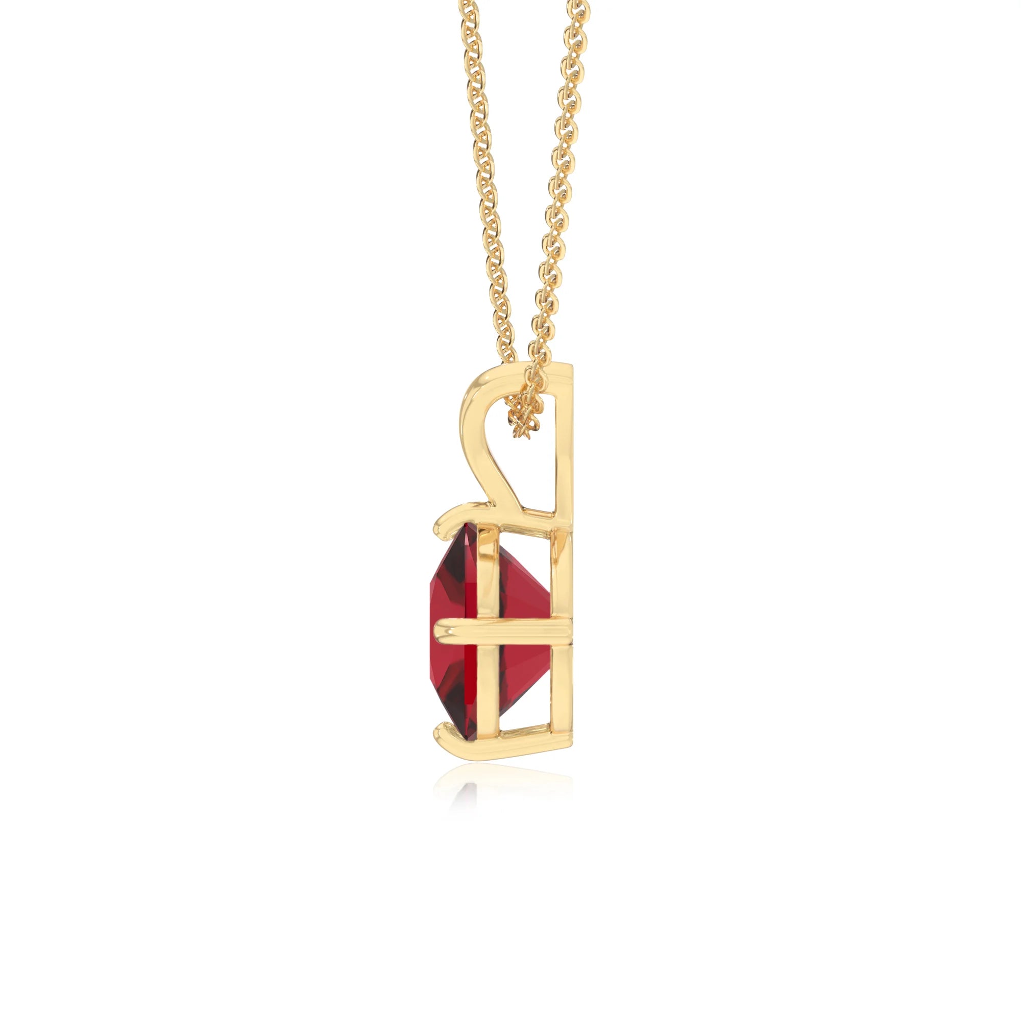 lab grown ruby cushion solitaire v-bale necklaces in yellow gold 