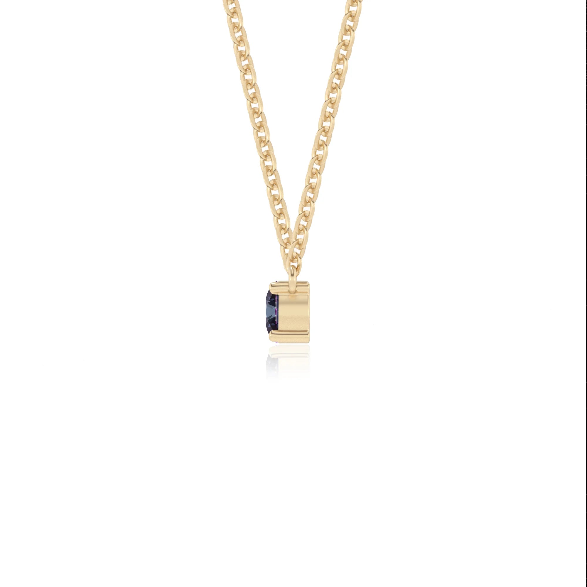 lab grown alexandrite round bar v-bale necklaces in yellow gold 