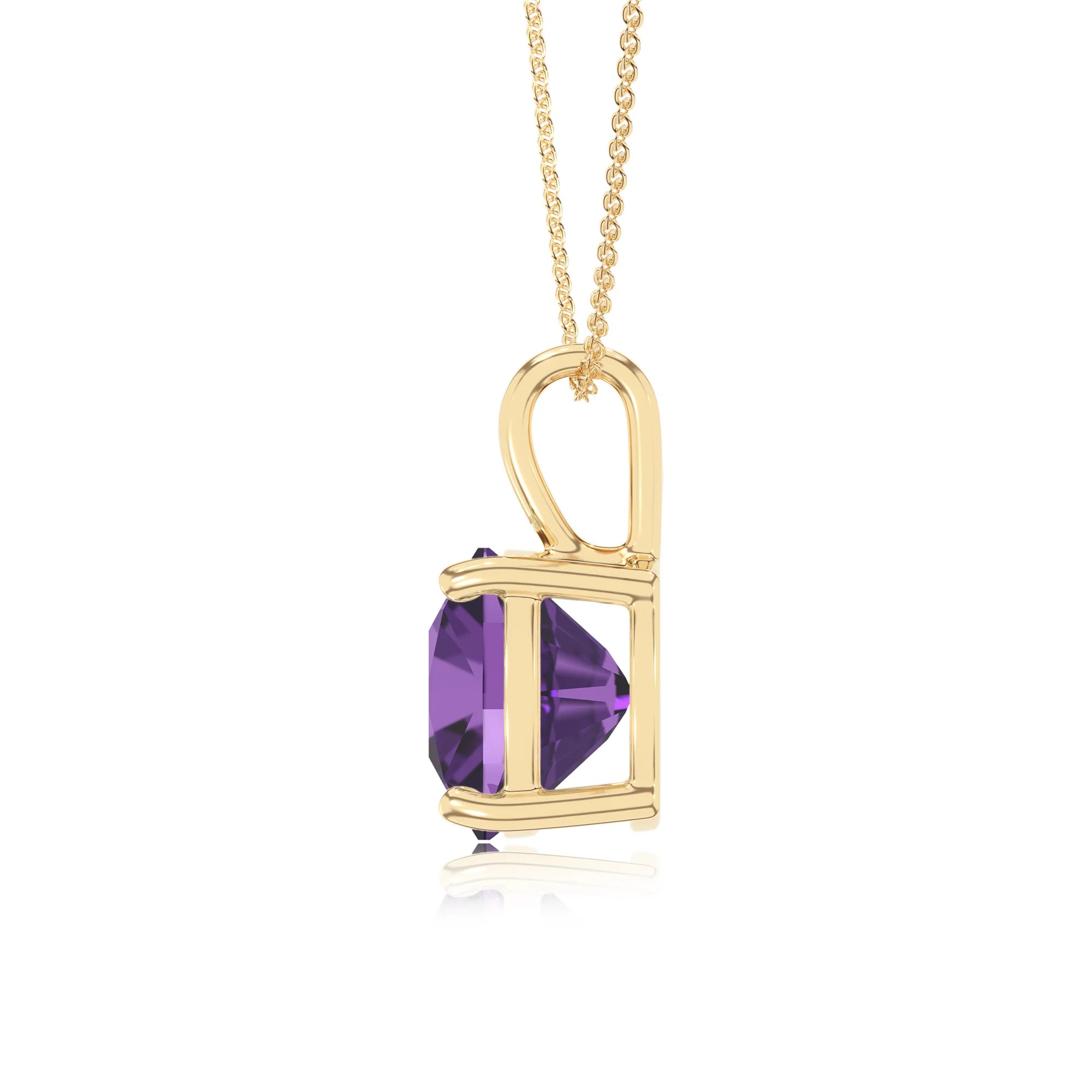 lab grown amethyst cushion solitaire necklaces in yellow gold 